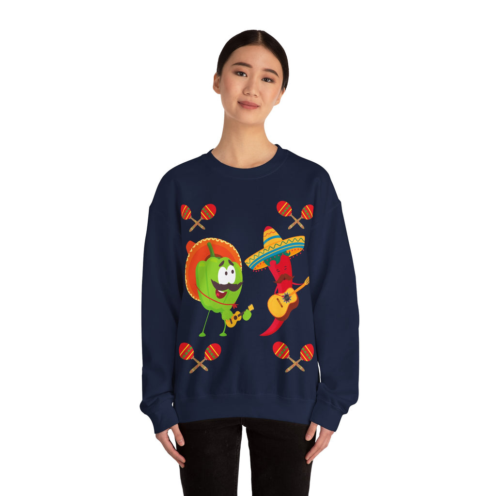 Fiesta Friends Sweatshirt — Cute Chili & Avocado with Sombreros, Maracas & Guitar