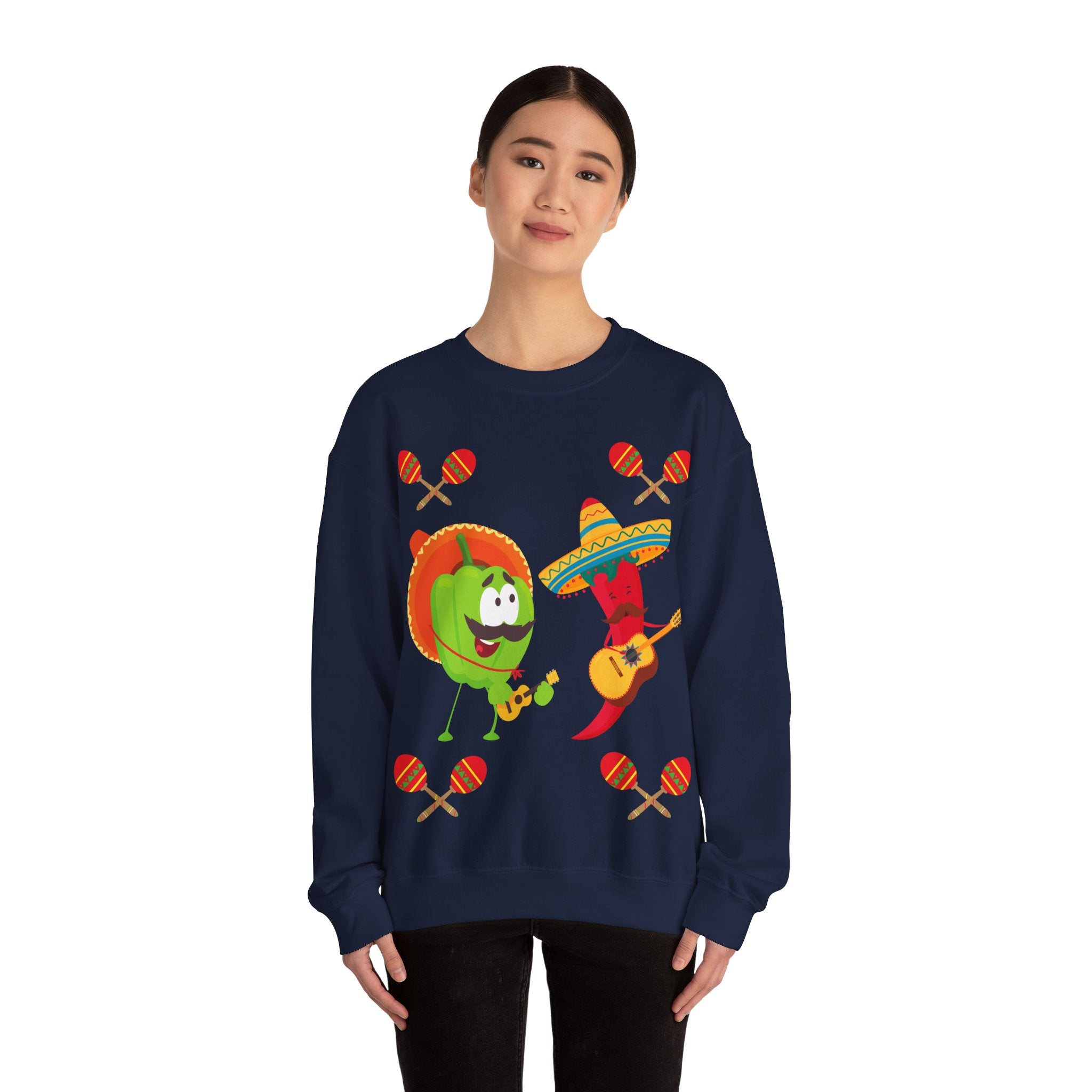 Fiesta Friends Sweatshirt — Cute Chili & Avocado with Sombreros, Maracas & Guitar