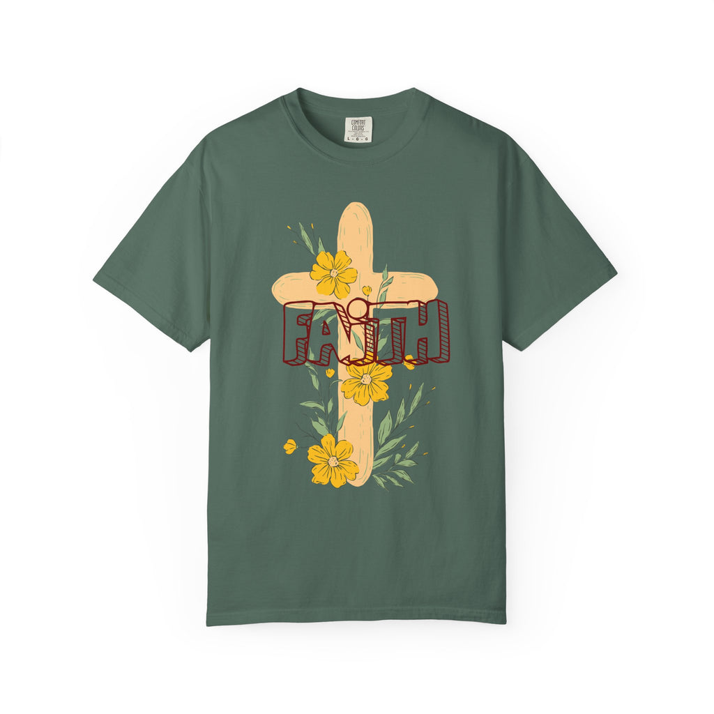 Faith Cross Floral T-Shirt — Christian Inspirational Tee with Yellow Flowers
