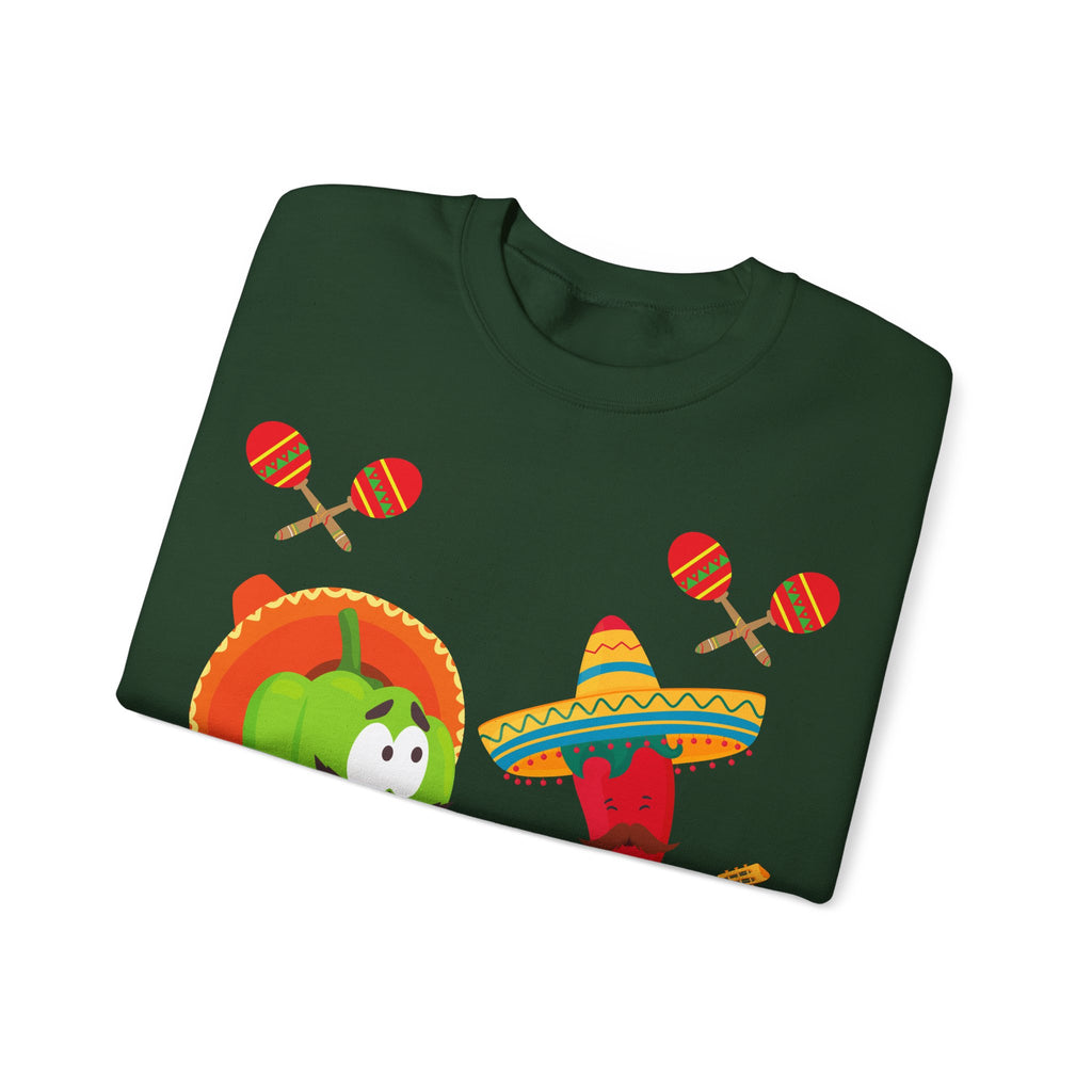 Fiesta Friends Sweatshirt — Cute Chili & Avocado with Sombreros, Maracas & Guitar