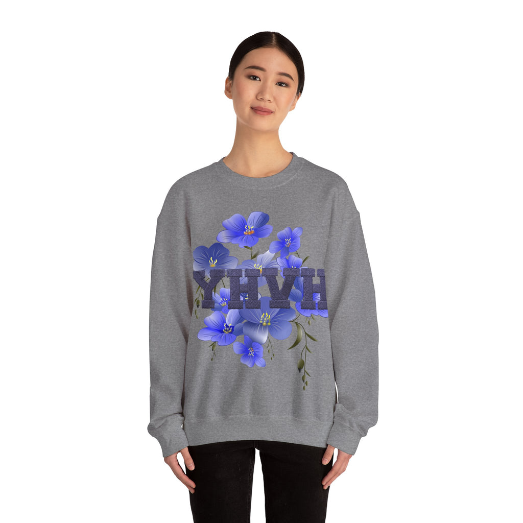 Crewneck Sweatshirt - Blue Violet Floral Graphic with 'KHVH' Lettering