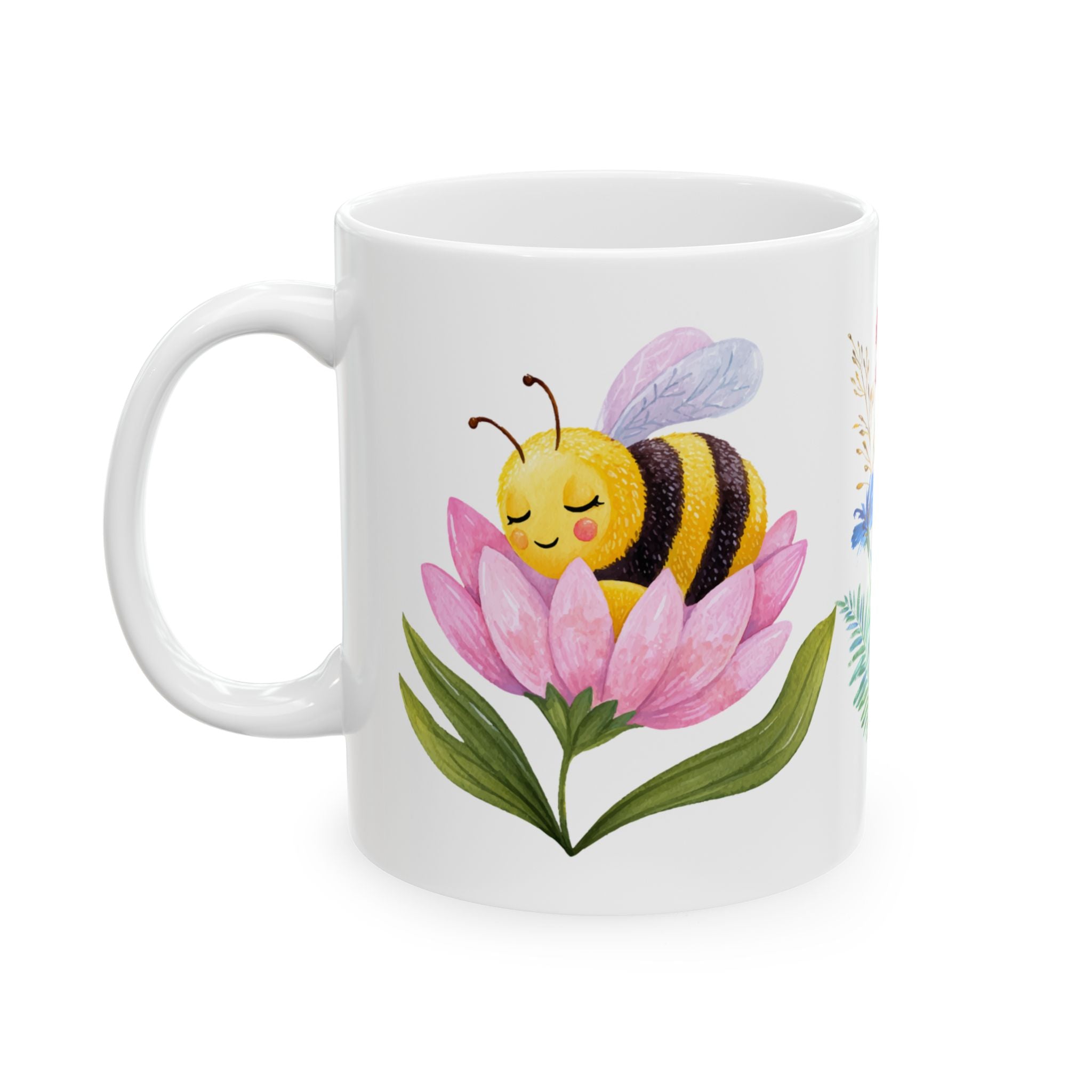 Floral Bee Ceramic Mug — Watercolor Wildflower Coffee Cup (11oz & 15oz)