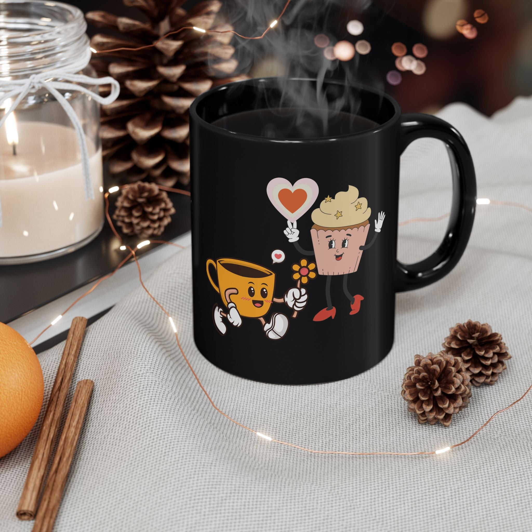 Cute Cup & Cupcake Love Mug — Whimsical Retro Coffee Gift (Black, 11oz/15oz)