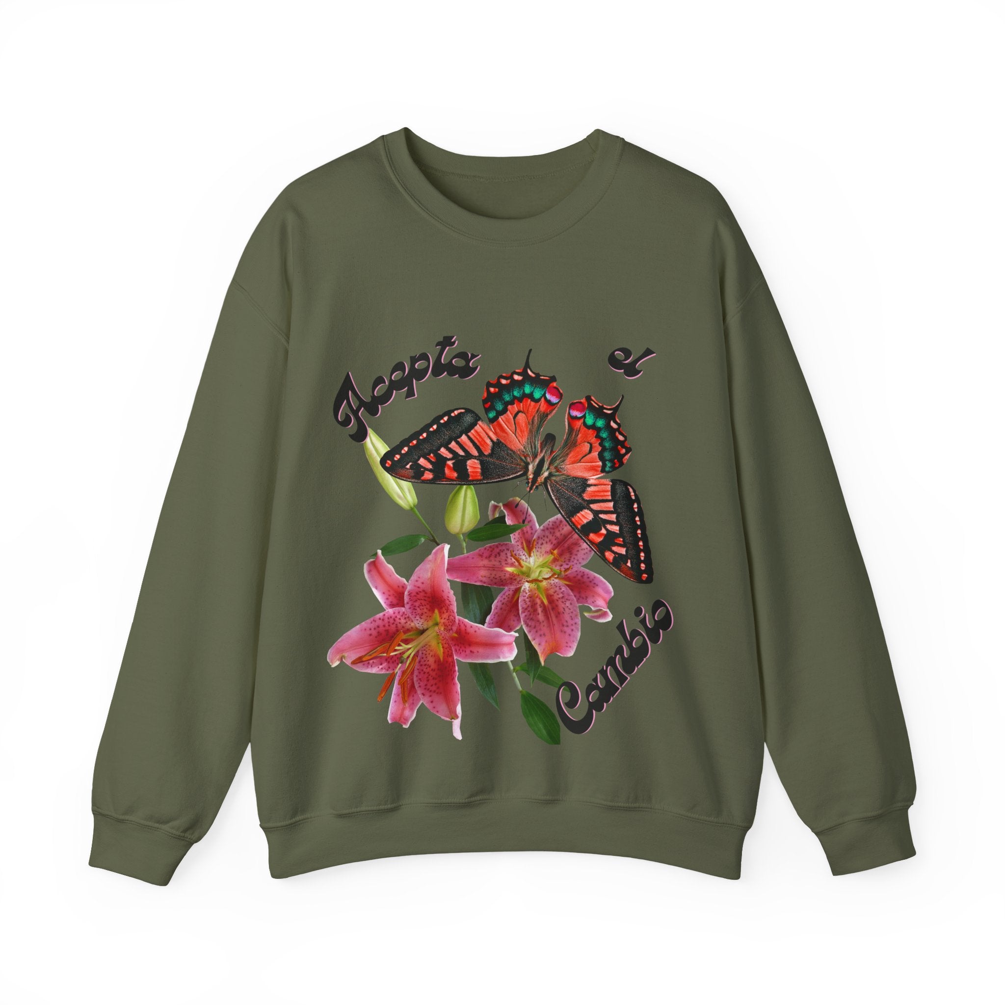 Butterfly & Floral Crewneck Sweatshirt - Accepta el Cambio, Cozy Fall Sweater, Gift for Nature Lovers, Inspirational Apparel, Unisex Fashion
