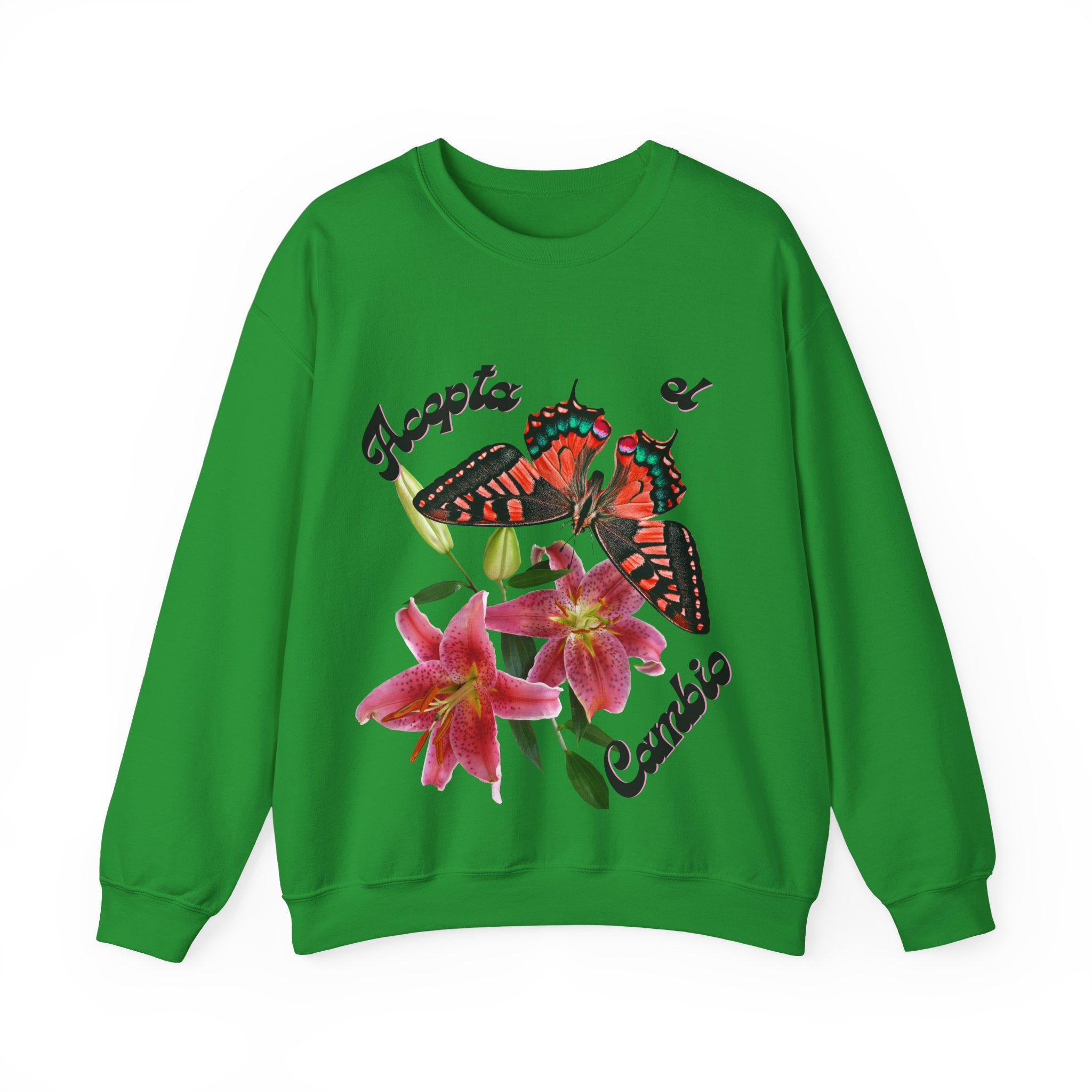 Butterfly & Floral Crewneck Sweatshirt - Accepta el Cambio, Cozy Fall Sweater, Gift for Nature Lovers, Inspirational Apparel, Unisex Fashion