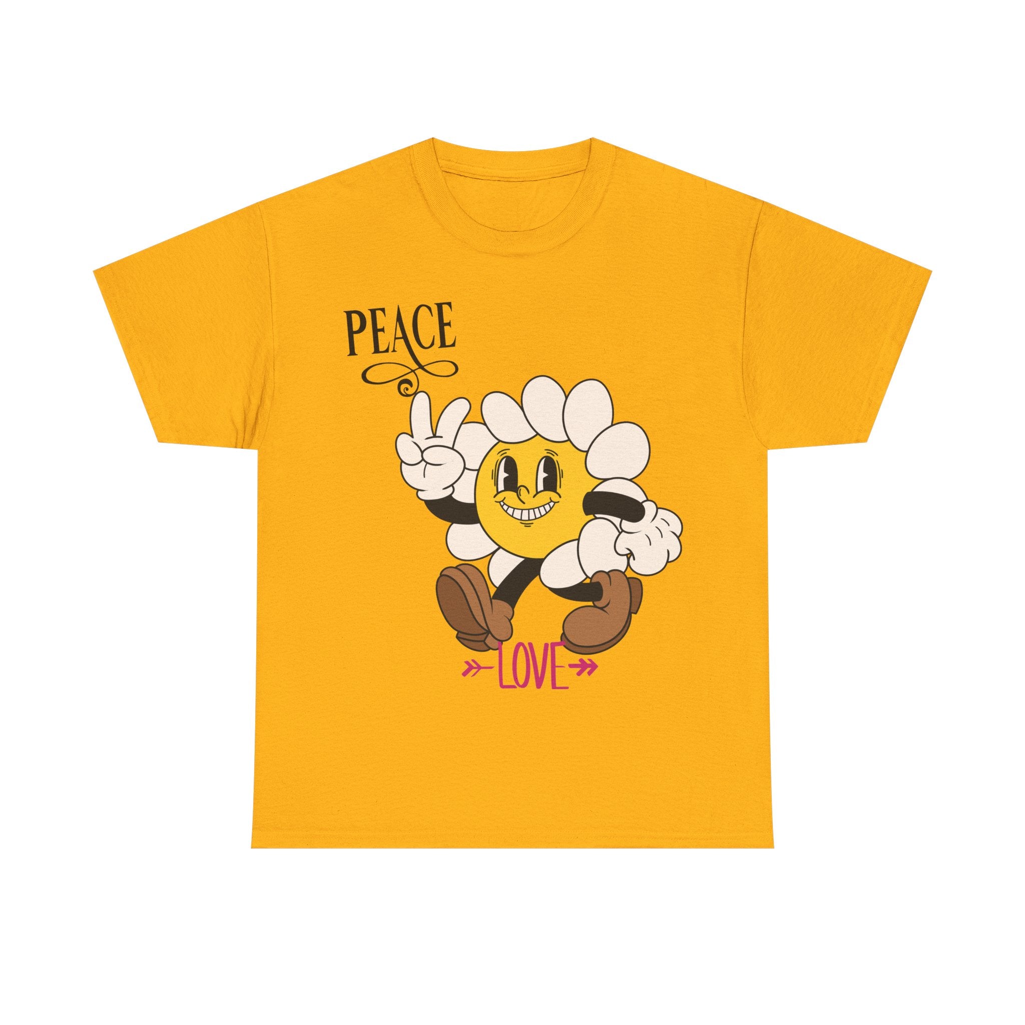 Peace & Love Daisy Character T-Shirt — Retro Smiley Flower Tee