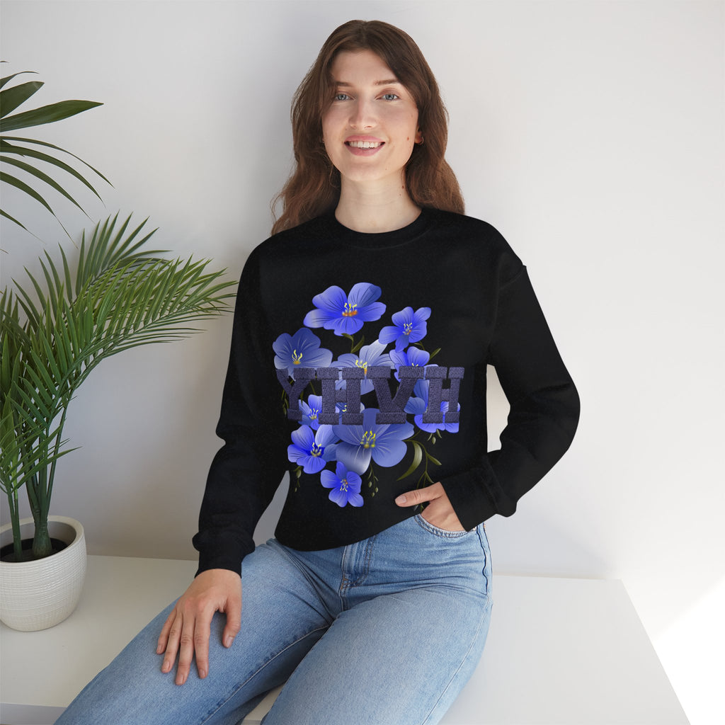 Crewneck Sweatshirt - Blue Violet Floral Graphic with 'KHVH' Lettering