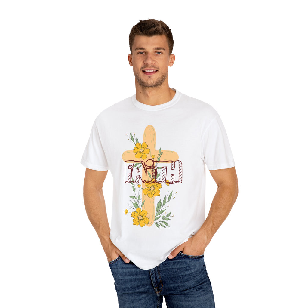 Faith Cross Floral T-Shirt — Christian Inspirational Tee with Yellow Flowers