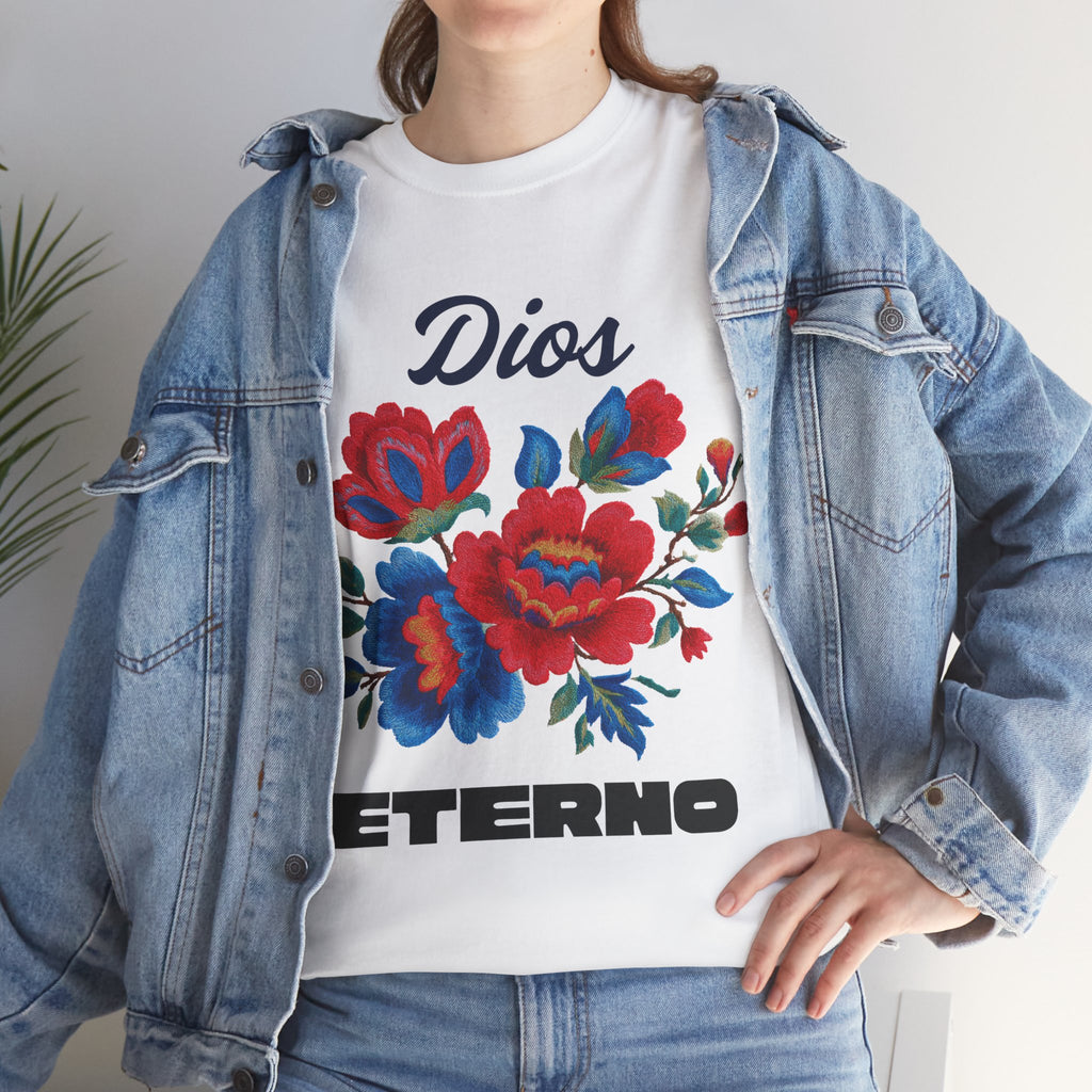 Dios Eterno Floral T-Shirt — Spanish Faith Tee with Red & Blue Blooms