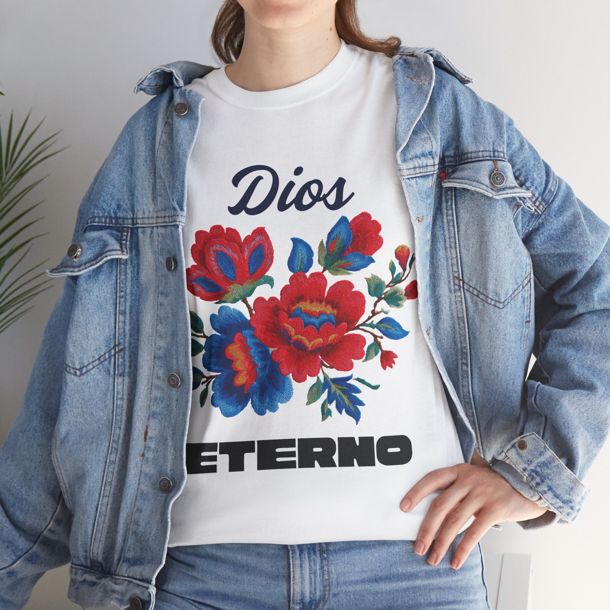 Dios Eterno Floral T-Shirt — Spanish Faith Tee with Red & Blue Blooms
