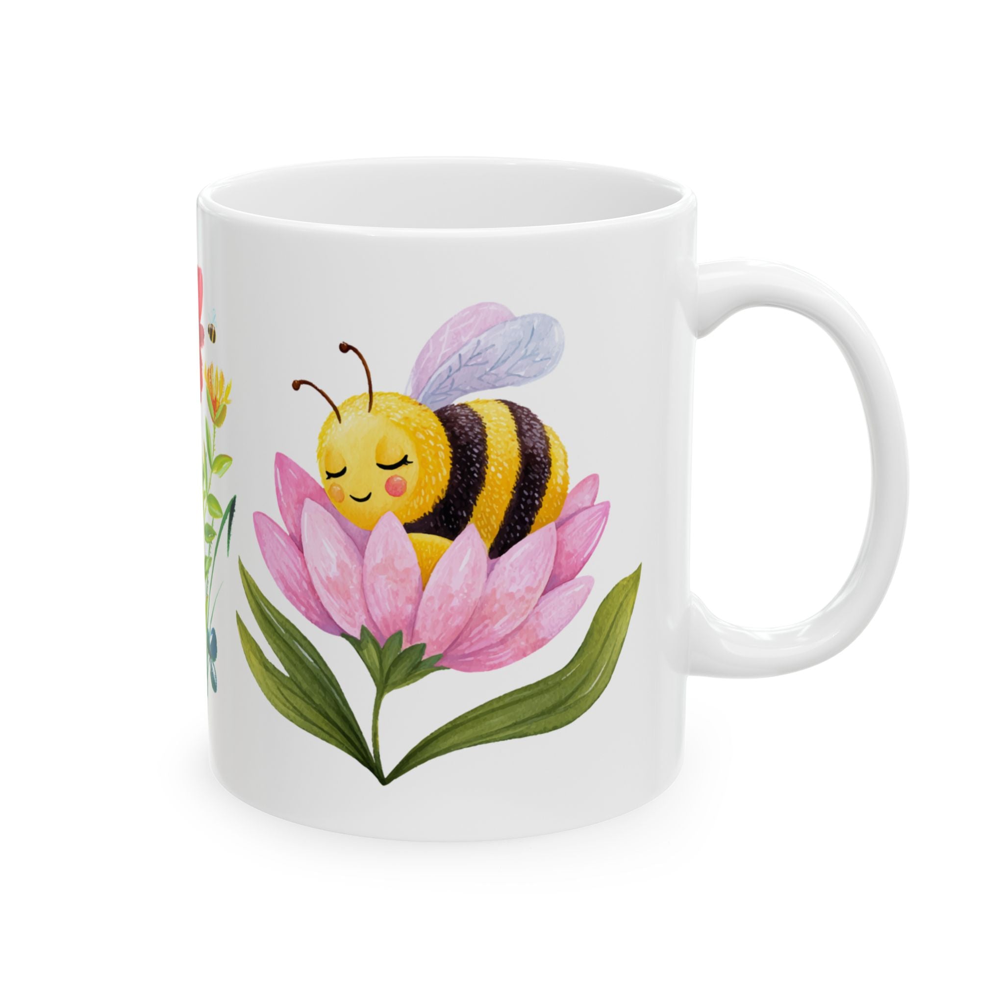 Floral Bee Ceramic Mug — Watercolor Wildflower Coffee Cup (11oz & 15oz)