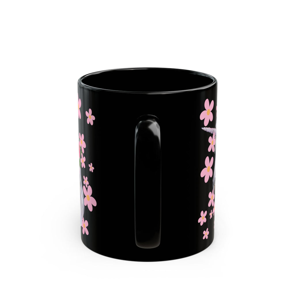 Unicorn Floral Mug — Black Ceramic Coffee Cup with Pink Flowers (11oz, 15oz)