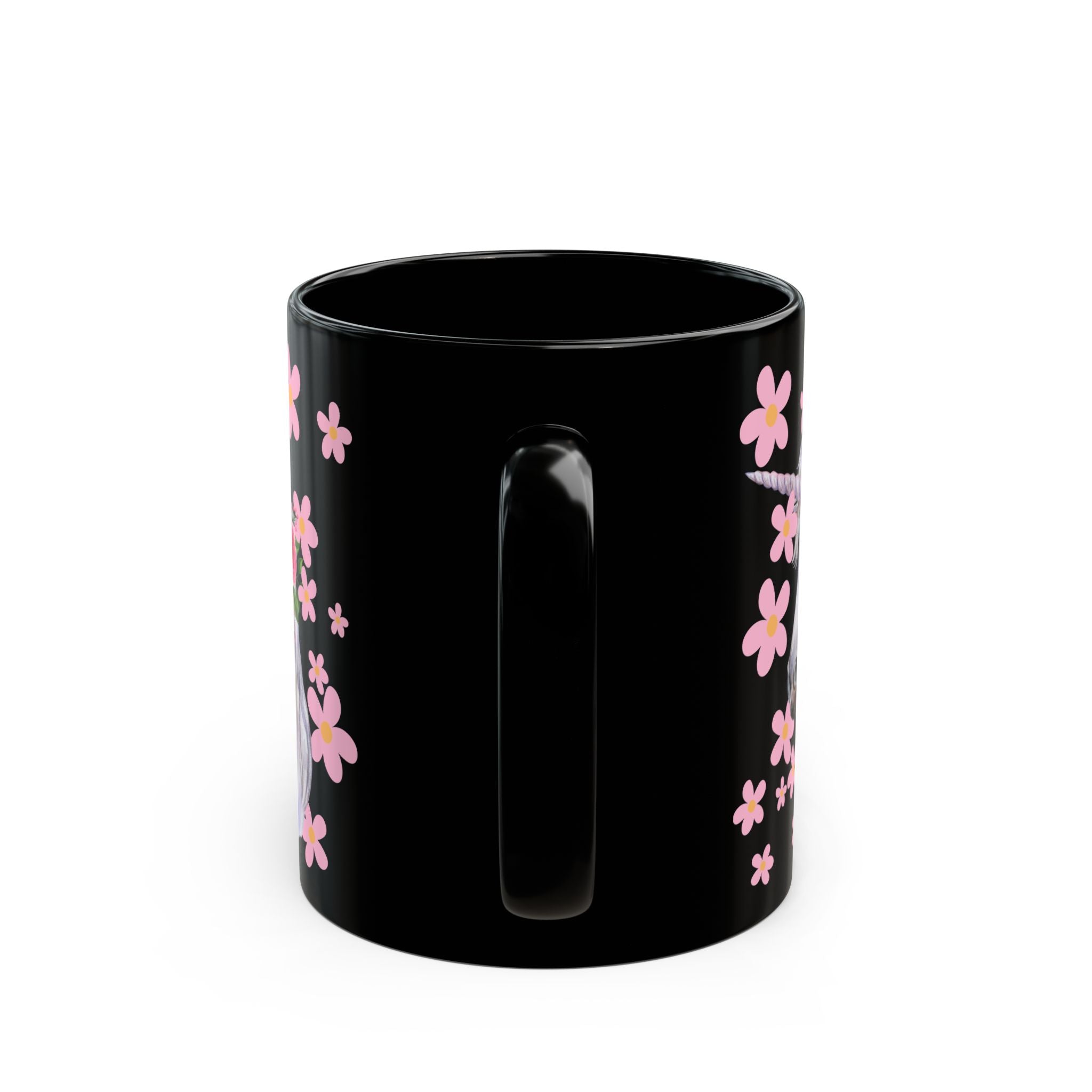 Unicorn Floral Mug — Black Ceramic Coffee Cup with Pink Flowers (11oz, 15oz)