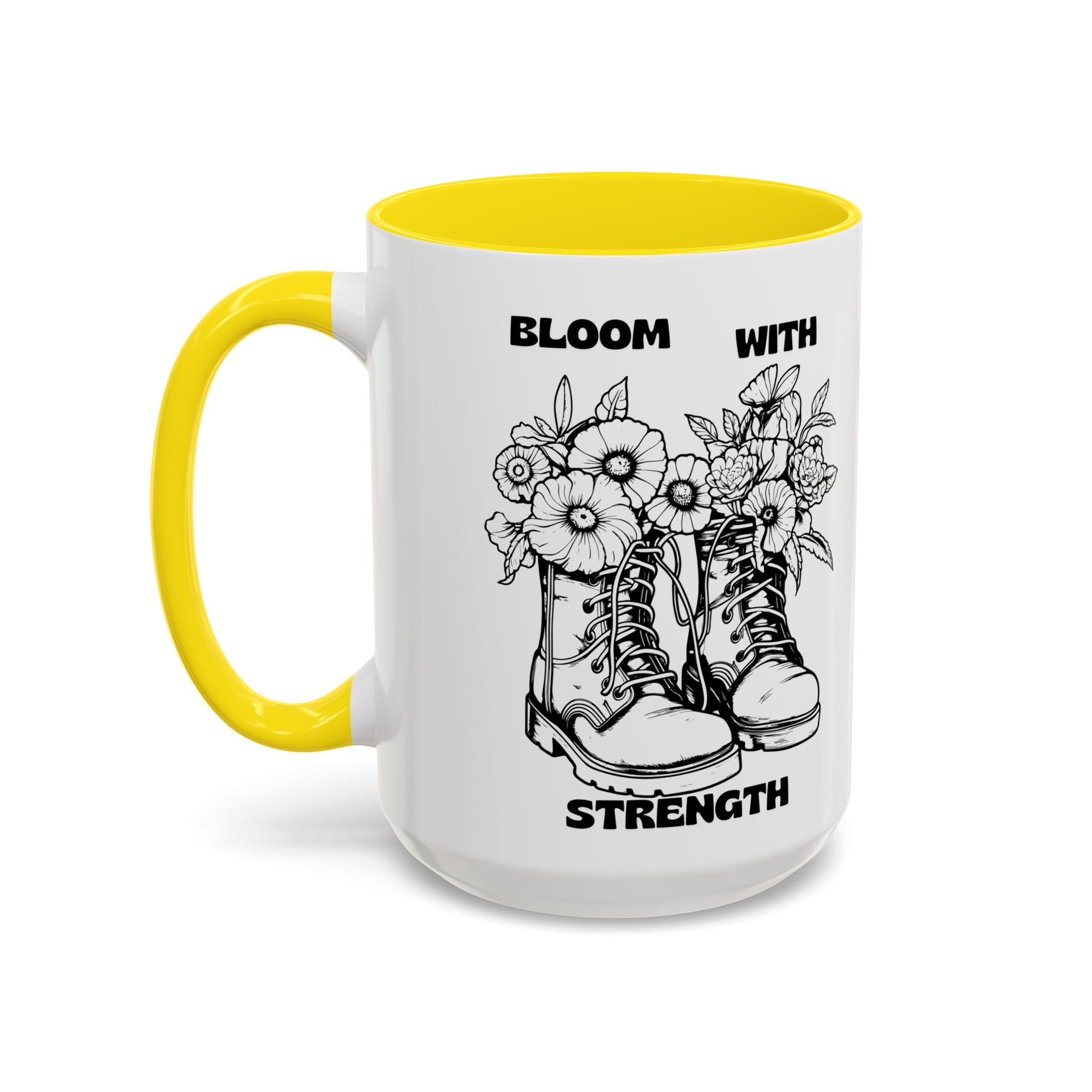 Bloom With Strength Coffee Mug — Floral Boots Inspirational Accent Mug (11/15oz)