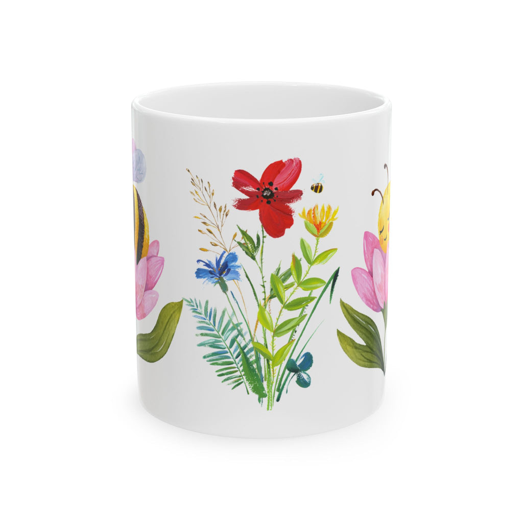 Floral Bee Ceramic Mug — Watercolor Wildflower Coffee Cup (11oz & 15oz)