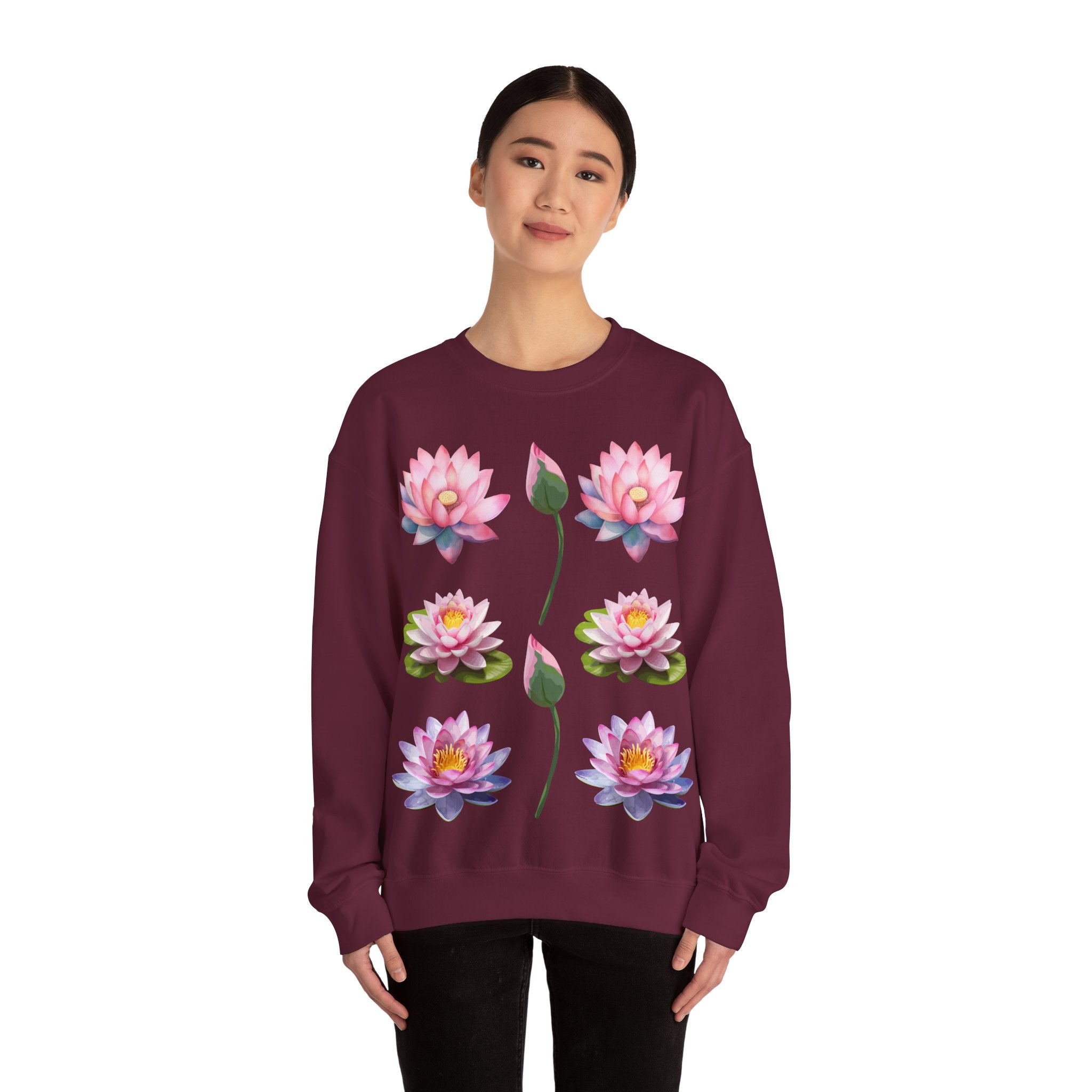 Lotus Flower Crewneck Sweatshirt — Pink Water Lily Botanical Sweatshirt