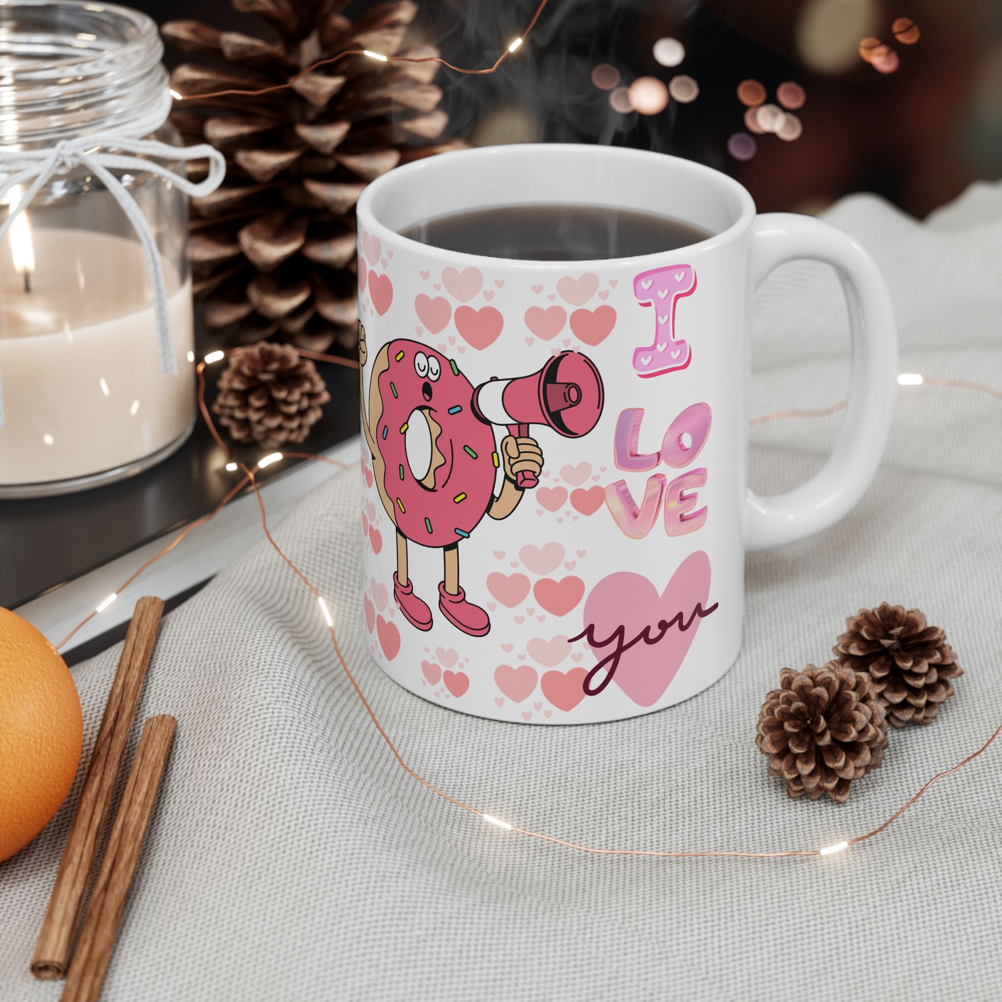 I Donut Love You Ceramic Mug — Cute Pink Donut Valentine Coffee Cup (11oz, 15oz)