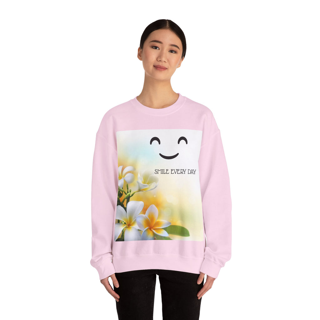 Smile Every Day Crewneck Sweatshirt — Floral Plumeria Happy Face Graphic