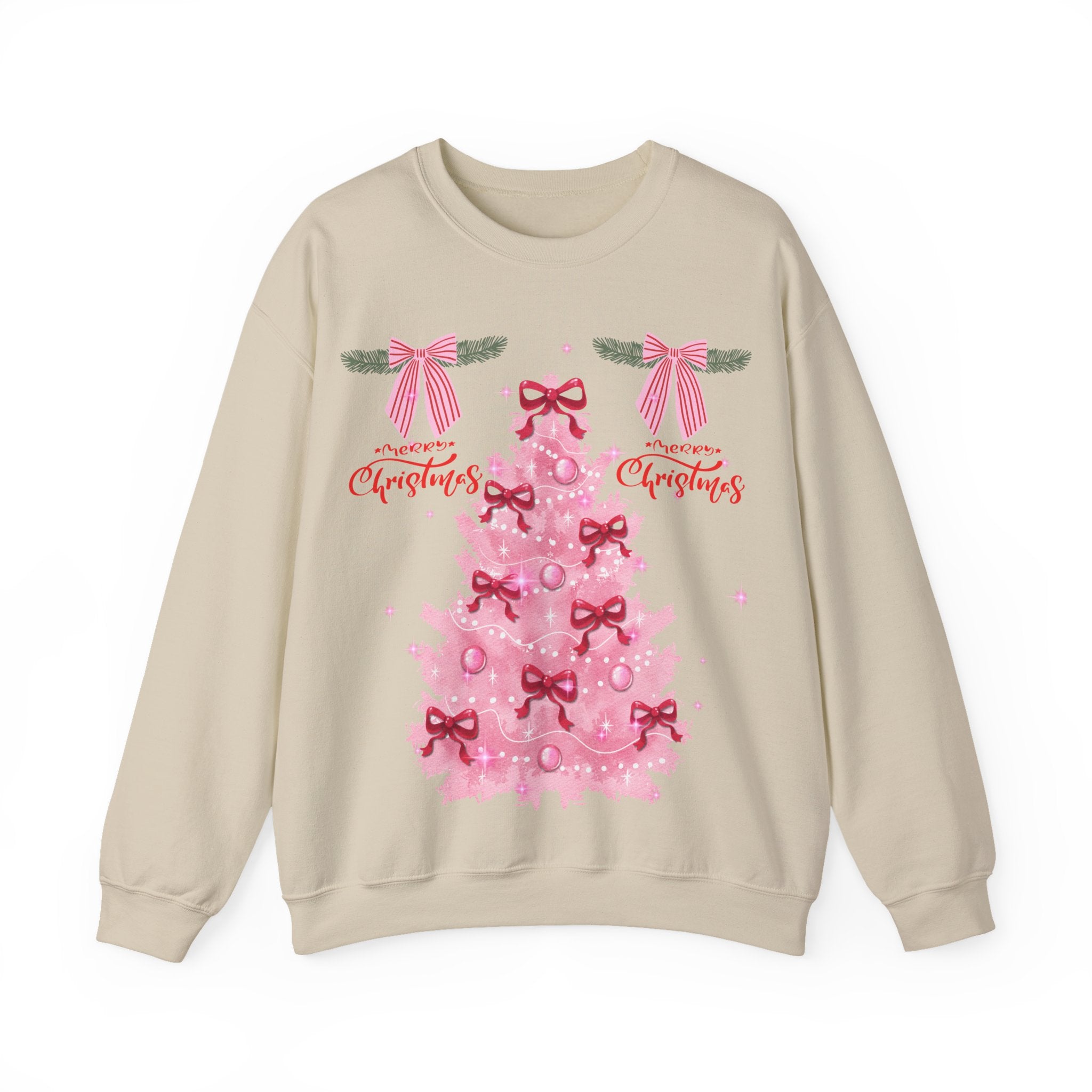 Pink Christmas Tree Sweatshirt — 'Merry Christmas' Bow Holiday Crewneck