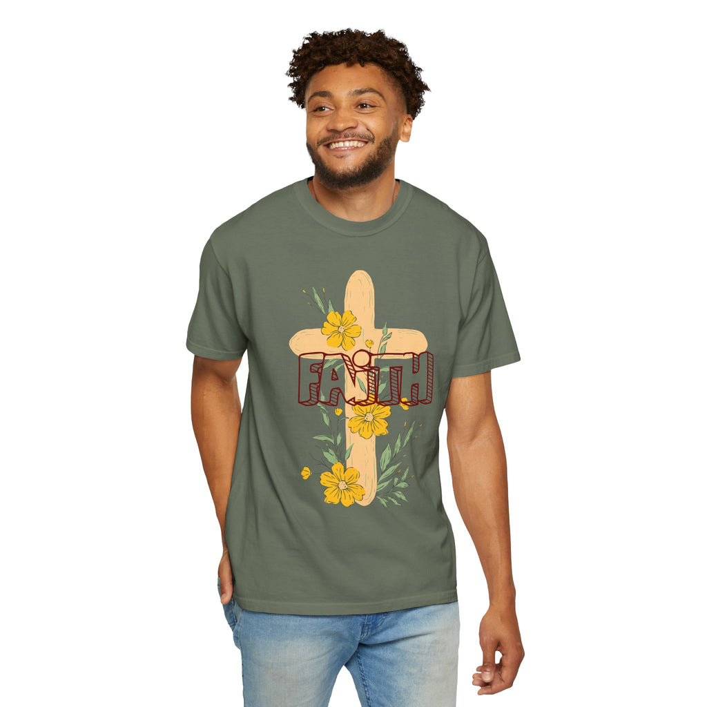 Faith Cross Floral T-Shirt — Christian Inspirational Tee with Yellow Flowers