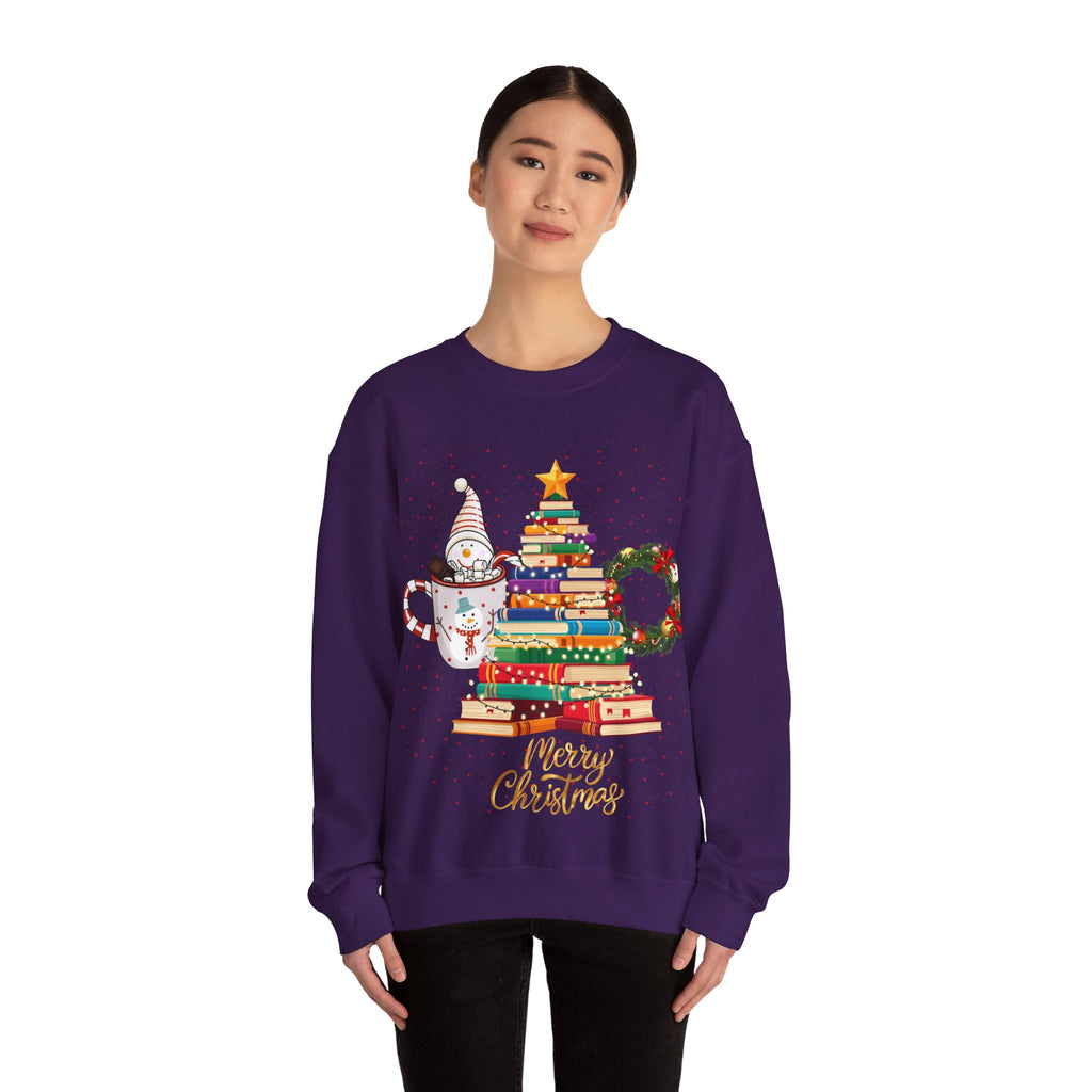 Merry Christmas Book Tree & Cat Crewneck Sweatshirt