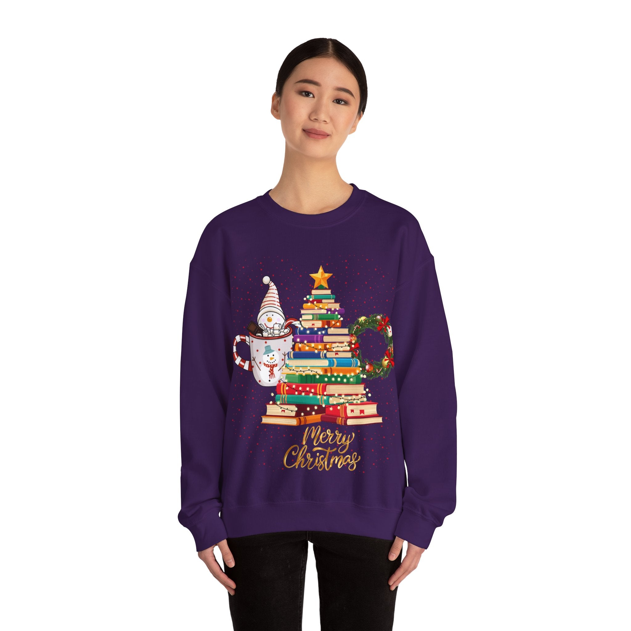 Merry Christmas Book Tree & Cat Crewneck Sweatshirt