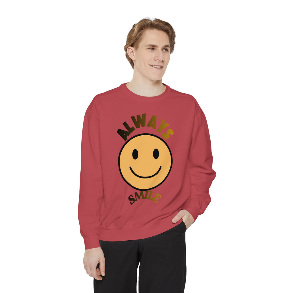 Smiley Face Sweatshirt - Always Smile, Unisex Garment-Dyed Sweatshirt, Cozy Casual Wear, Fall Layering, Gift for Friends, Cheerful Apparel
