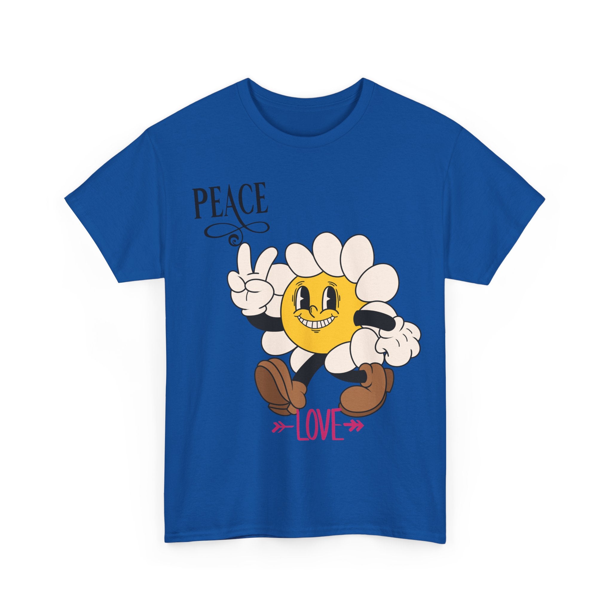 Peace & Love Daisy Character T-Shirt — Retro Smiley Flower Tee
