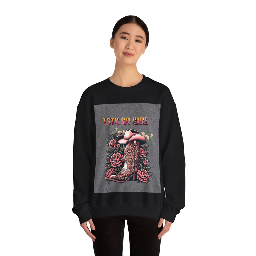 Cowgirl Boots Sweatshirt, Let’s Go Girl Crewneck, Western Style Apparel, Cozy Gift for Her, Trendy Graphic Sweatshirt