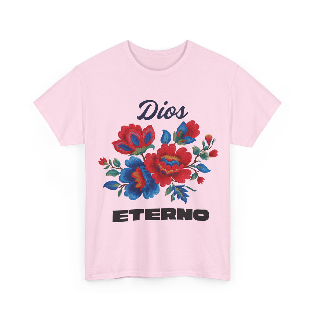 Dios Eterno Floral T-Shirt — Spanish Faith Tee with Red & Blue Blooms