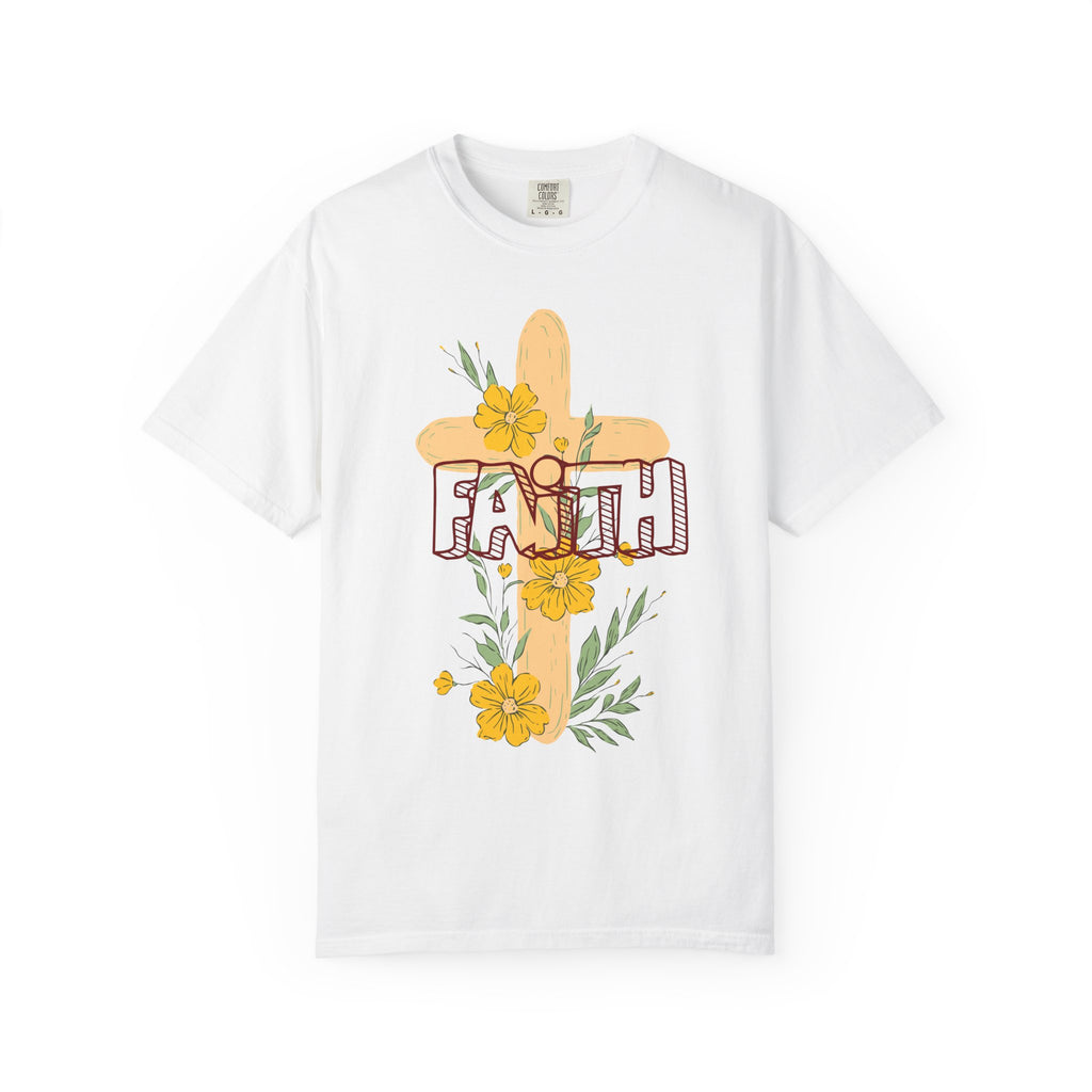Faith Cross Floral T-Shirt — Christian Inspirational Tee with Yellow Flowers