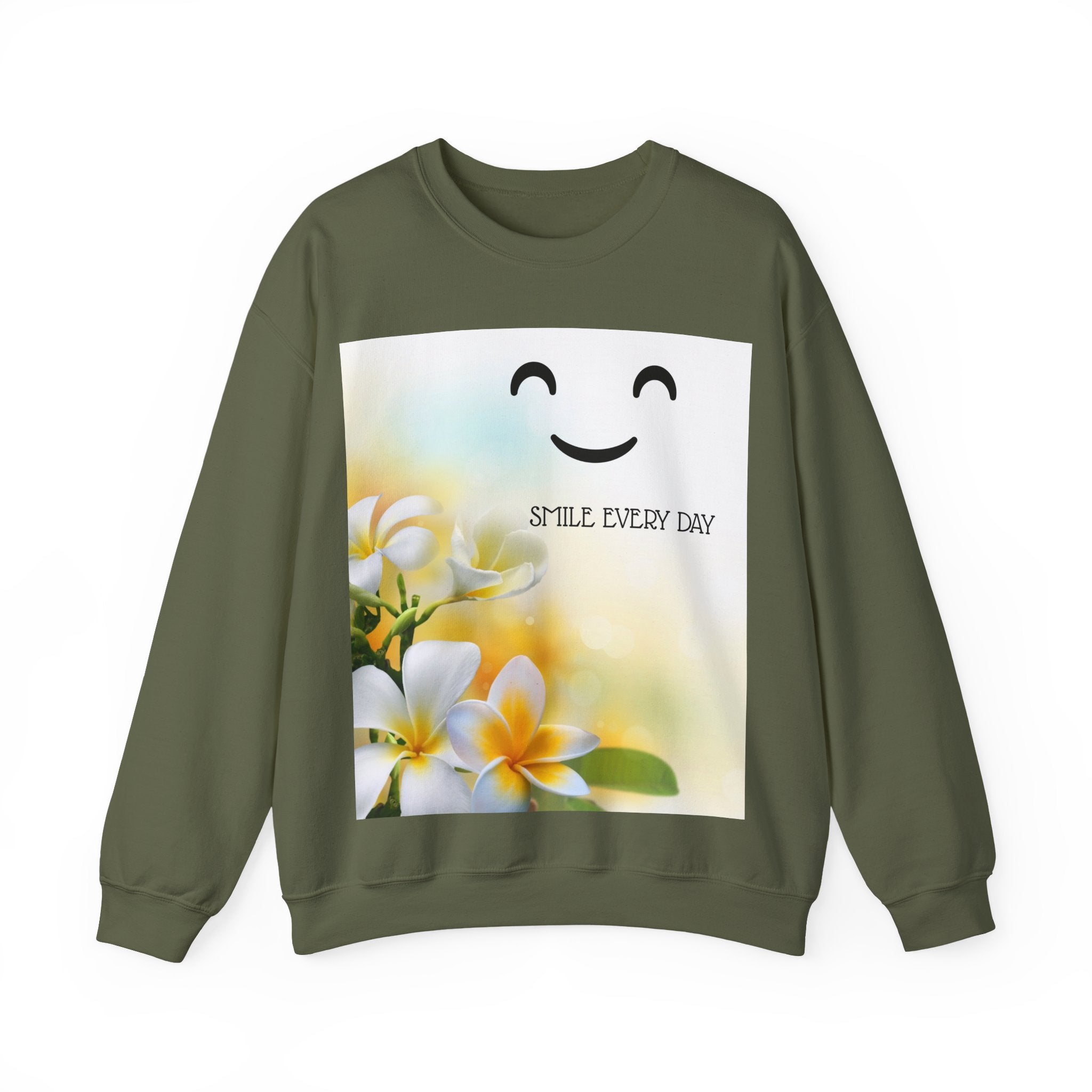 Smile Every Day Crewneck Sweatshirt — Floral Plumeria Happy Face Graphic