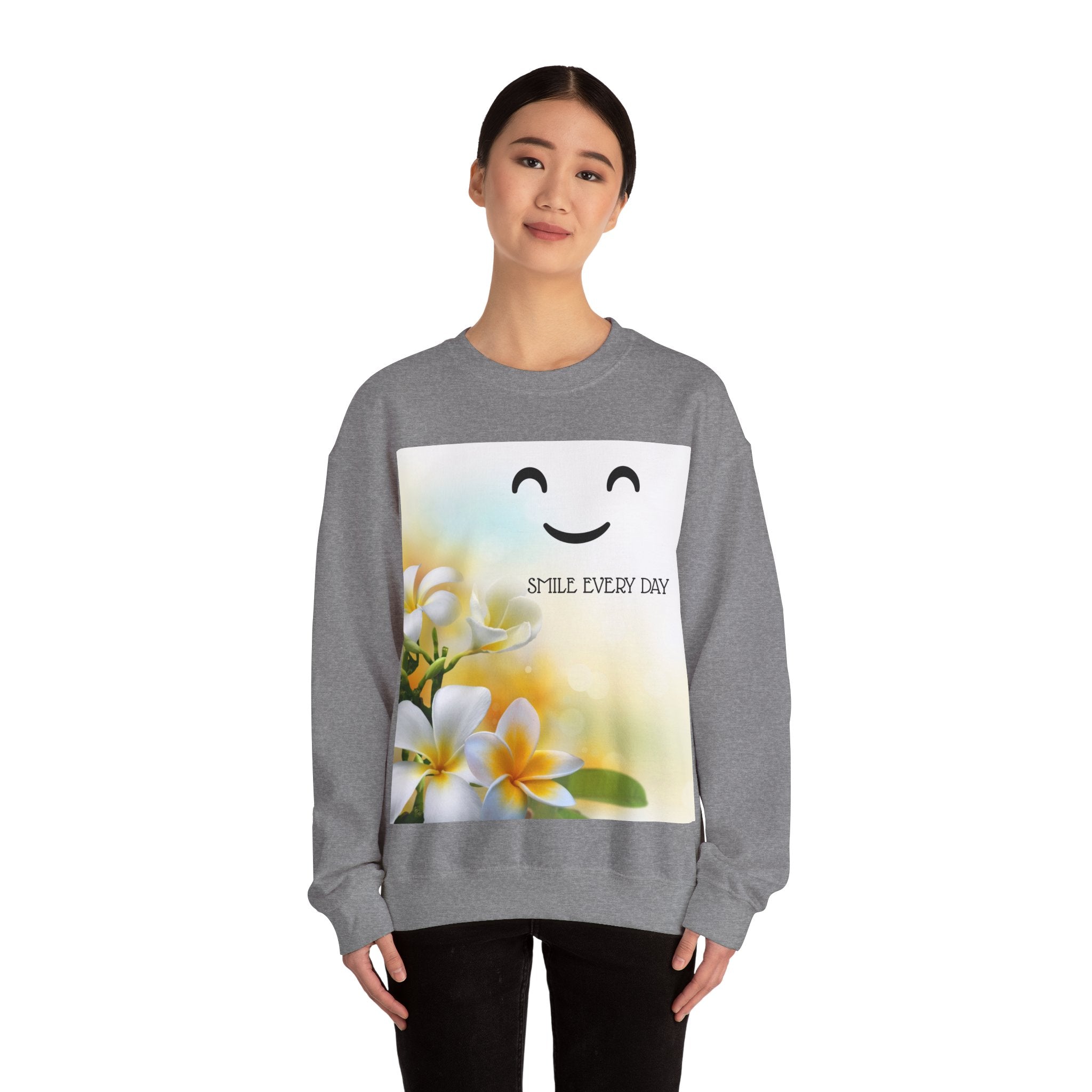 Smile Every Day Crewneck Sweatshirt — Floral Plumeria Happy Face Graphic