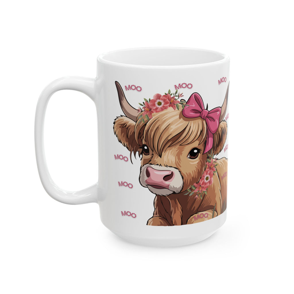 Highland Cow Ceramic Mug (11oz/15oz) — Cute Floral ‘Moo’ Cow Coffee Cup