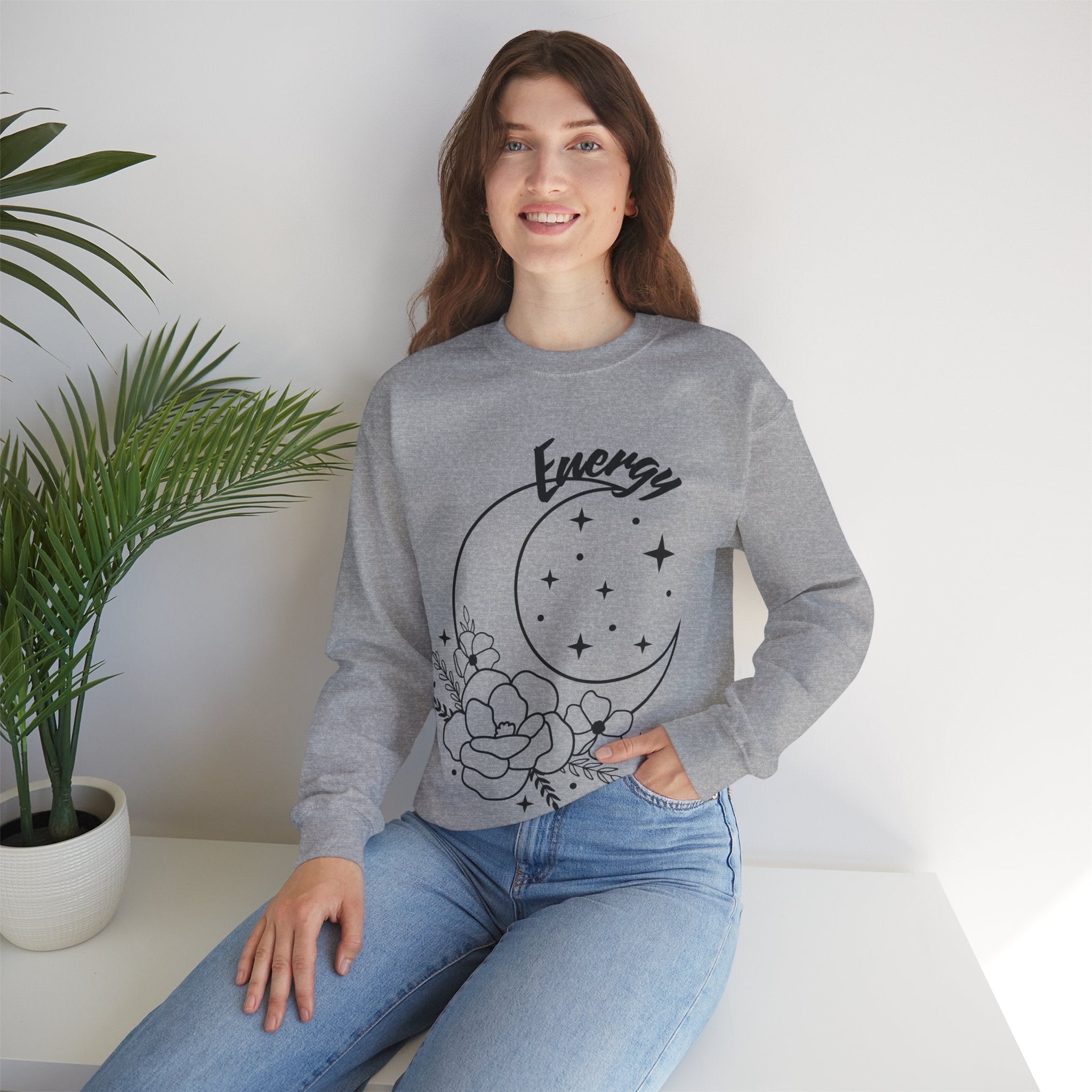 Celestial Energy Sweatshirt, Moon and Flowers Crewneck, Cozy Unisex Top, Astrology Gift, Spiritual Apparel, Birthday Gift, Everyday Wear