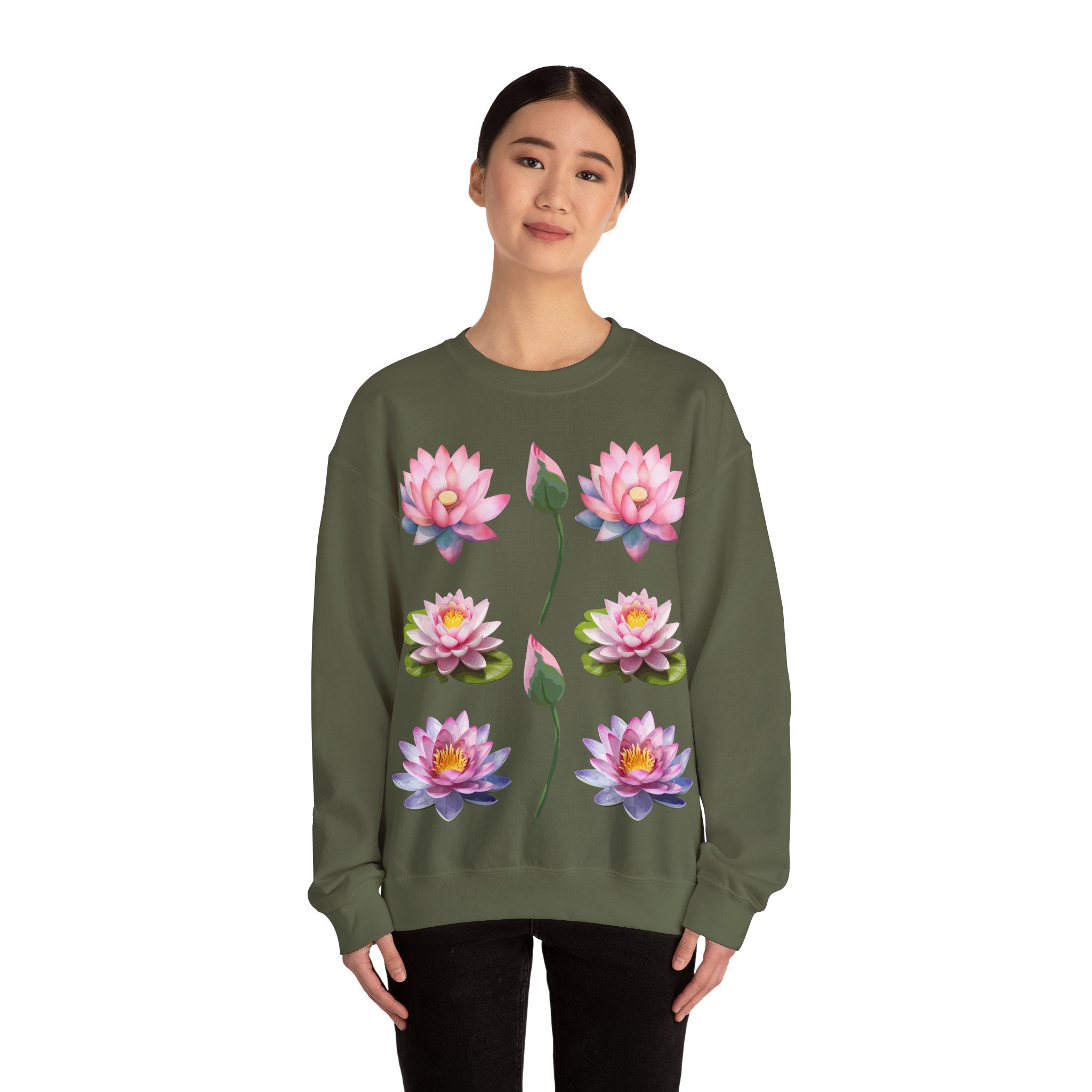 Lotus Flower Crewneck Sweatshirt — Pink Water Lily Botanical Sweatshirt