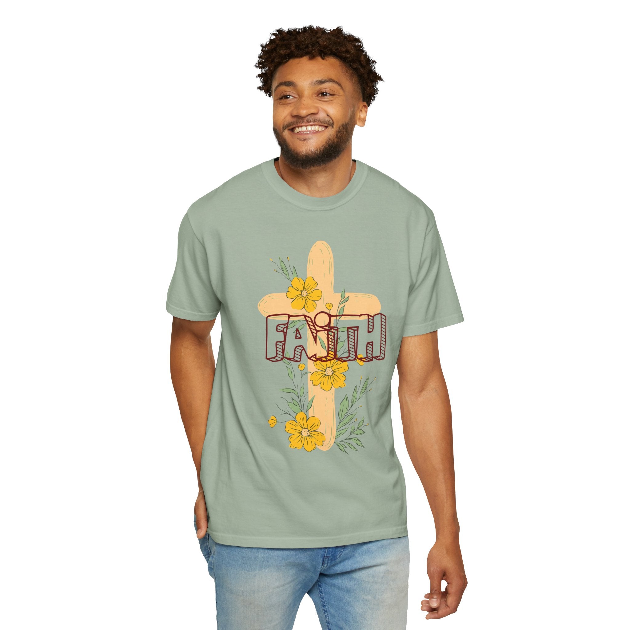 Faith Cross Floral T-Shirt — Christian Inspirational Tee with Yellow Flowers