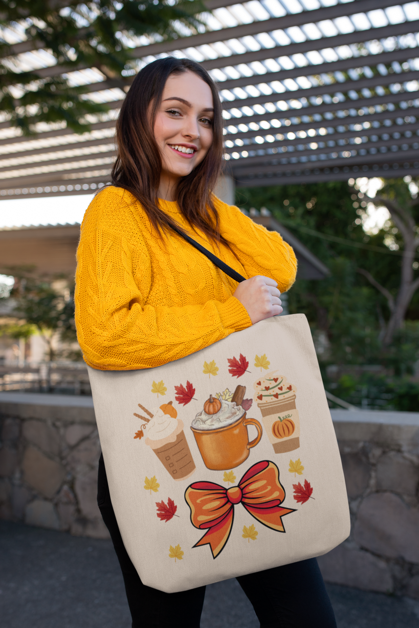 Autumn-Themed Cotton Canvas Tote Bag - Fall Vibes, Perfect for Shopping, Eco-Friendly, Gift for Coffee Lovers, Thanksgiving Décor
