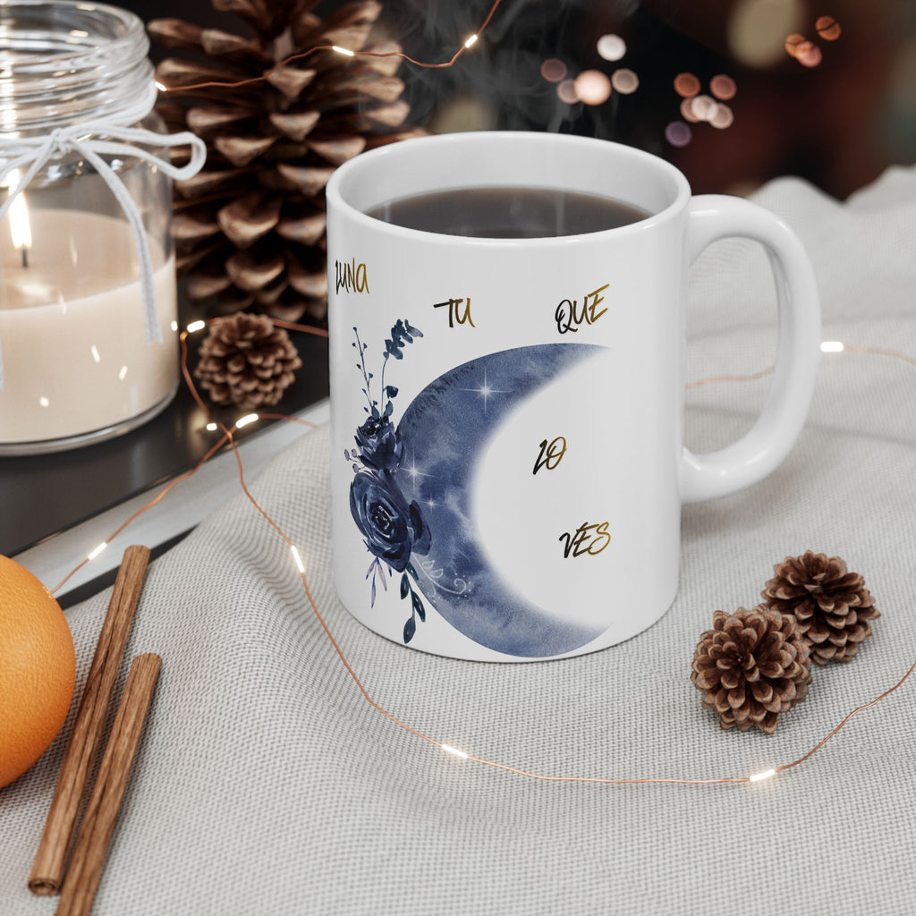 Moon & Roses Ceramic Mug — "Luna, Que No Pierdas" Floral Night Sky Coffee Cup (11oz/15oz)