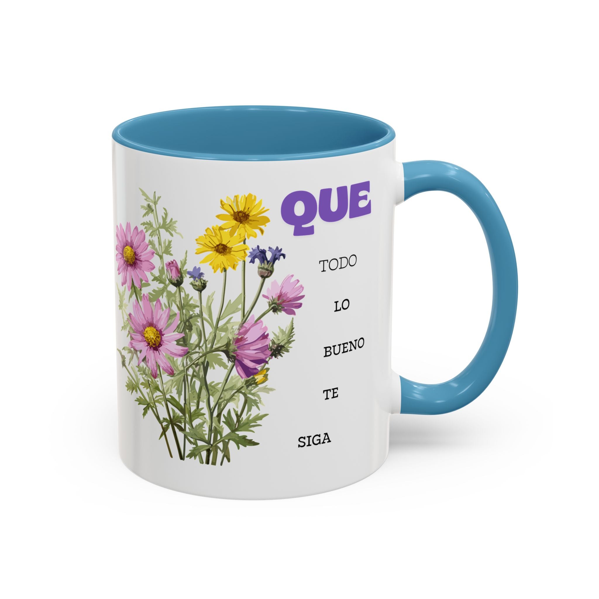 Inspirational Spanish Floral Coffee Mug — "Que todo lo bueno te siga" Accent Mug (11/15oz)