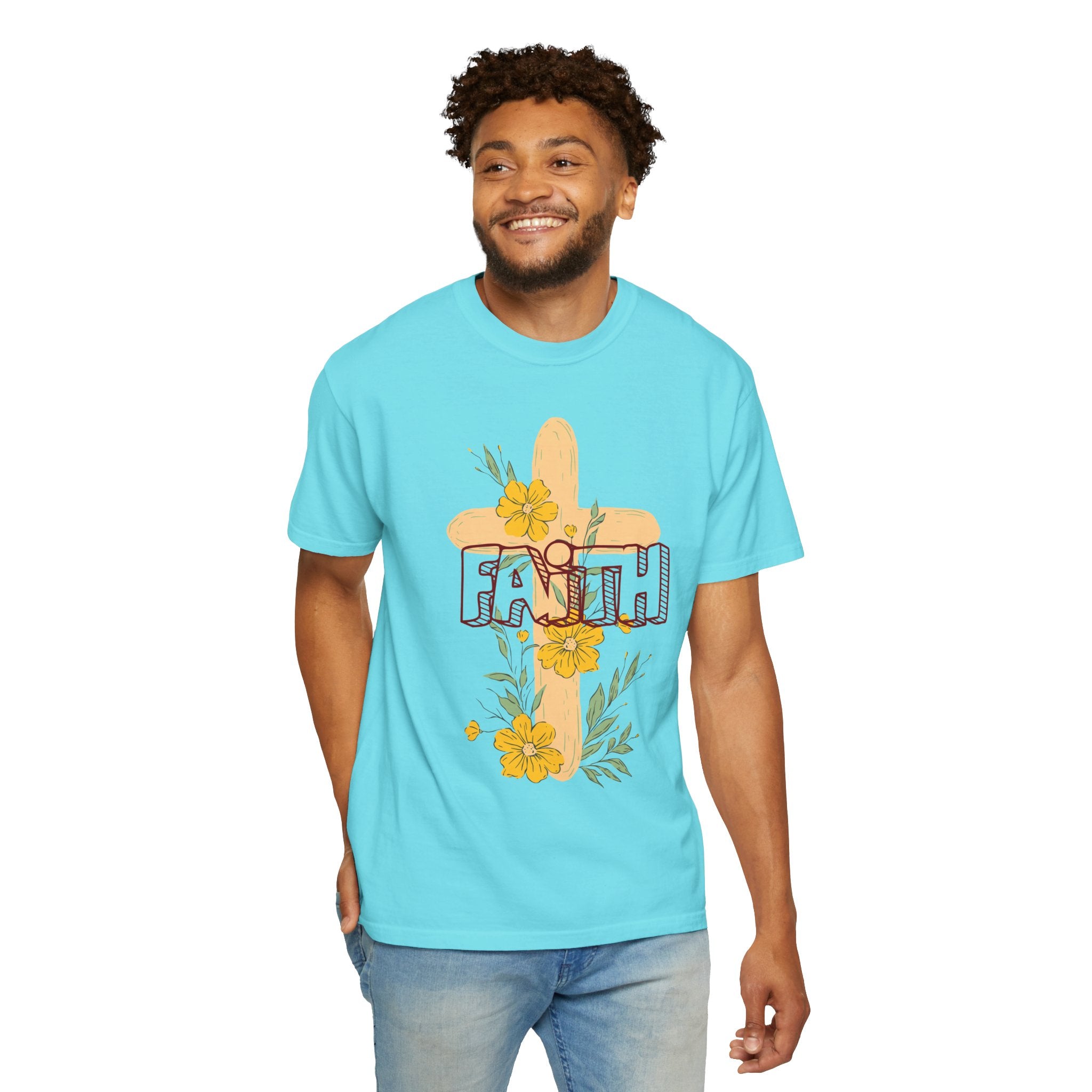Faith Cross Floral T-Shirt — Christian Inspirational Tee with Yellow Flowers