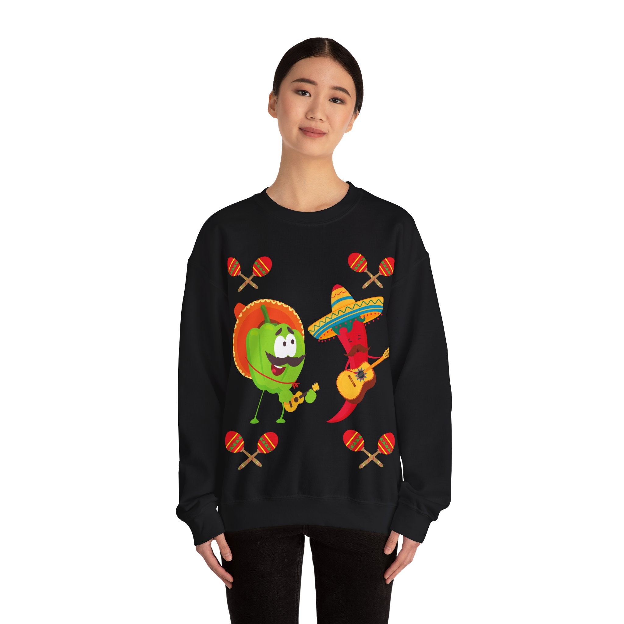 Fiesta Friends Sweatshirt — Cute Chili & Avocado with Sombreros, Maracas & Guitar