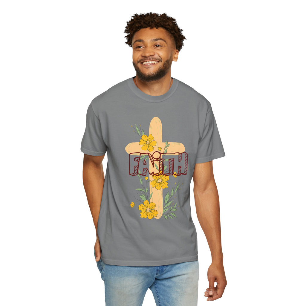 Faith Cross Floral T-Shirt — Christian Inspirational Tee with Yellow Flowers
