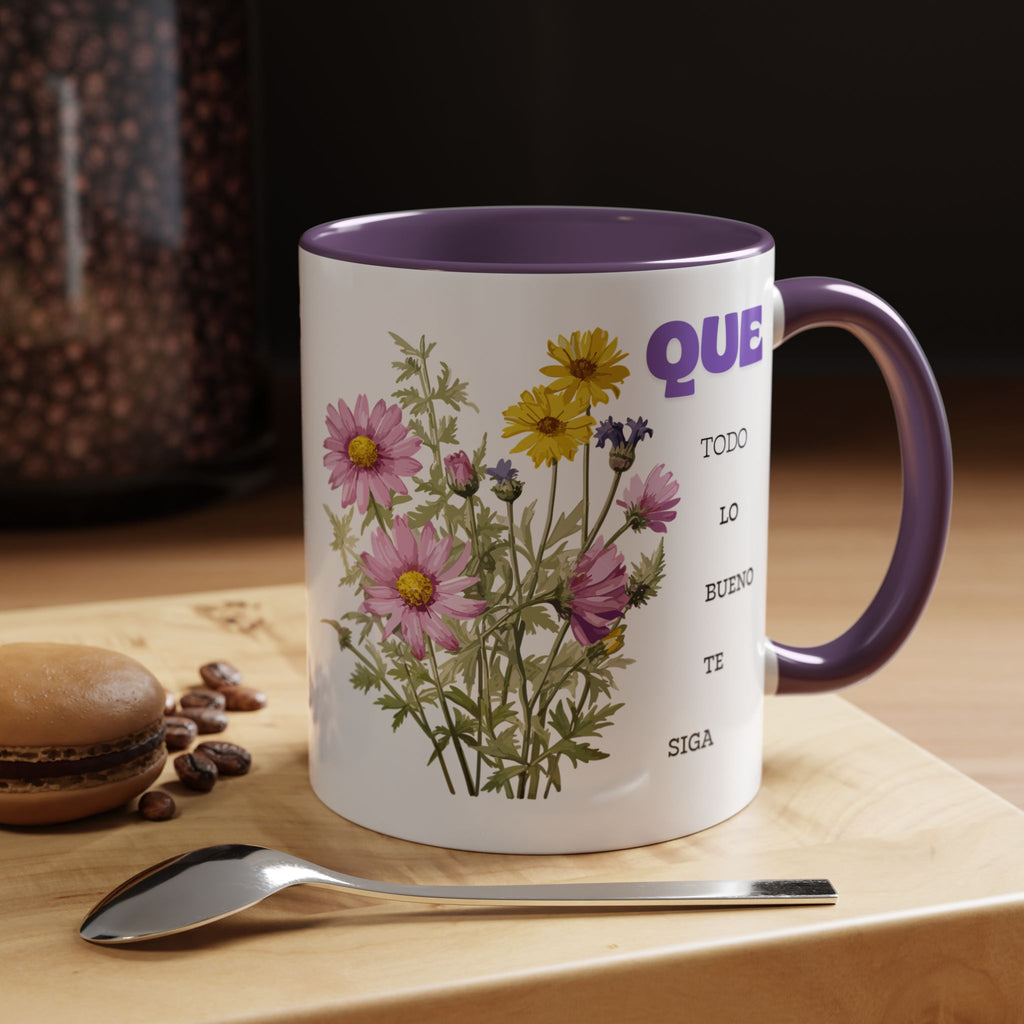 Inspirational Spanish Floral Coffee Mug — "Que todo lo bueno te siga" Accent Mug (11/15oz)
