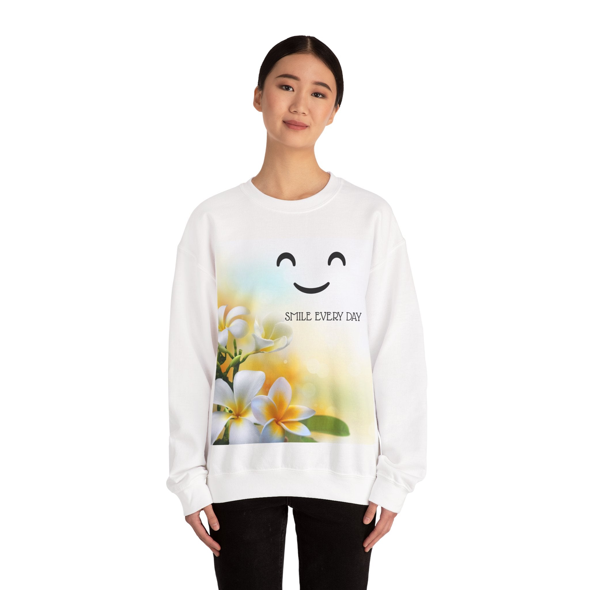Smile Every Day Crewneck Sweatshirt — Floral Plumeria Happy Face Graphic
