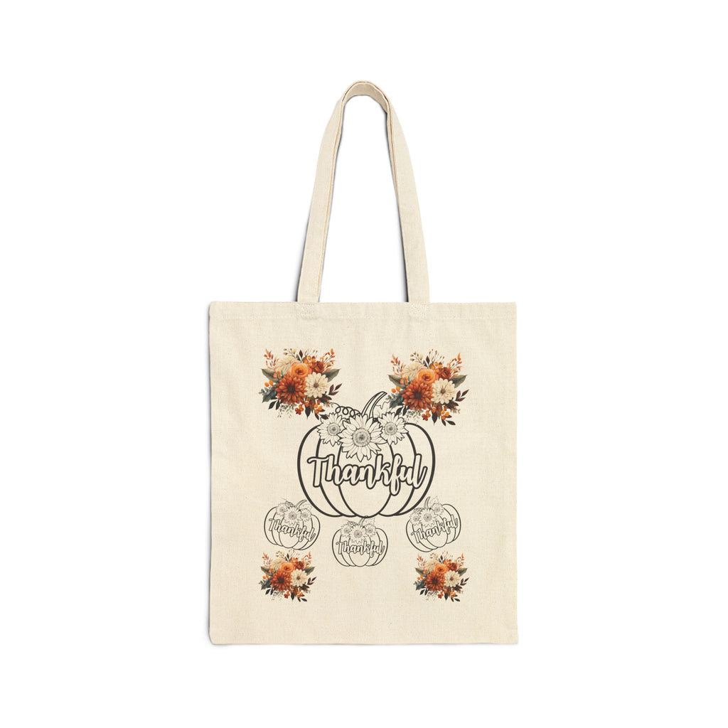 Thankful Floral Cotton Canvas Tote Bag, Fall Tote, Autumn Gift, Eco-friendly Shopper, Thanksgiving, Pumpkin Decor