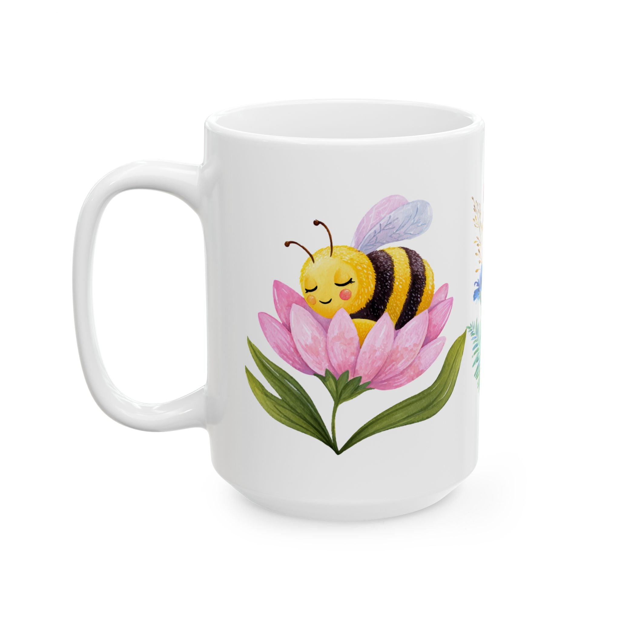 Floral Bee Ceramic Mug — Watercolor Wildflower Coffee Cup (11oz & 15oz)