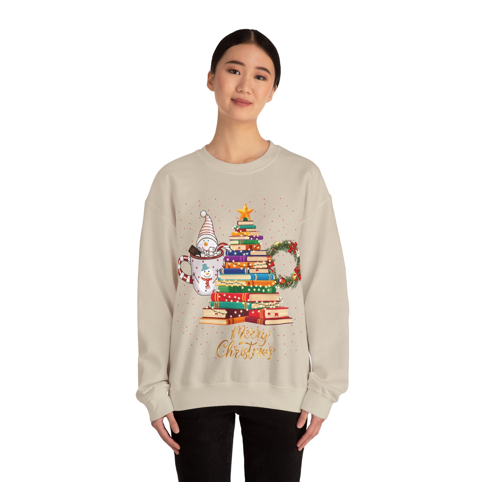 Merry Christmas Book Tree & Cat Crewneck Sweatshirt