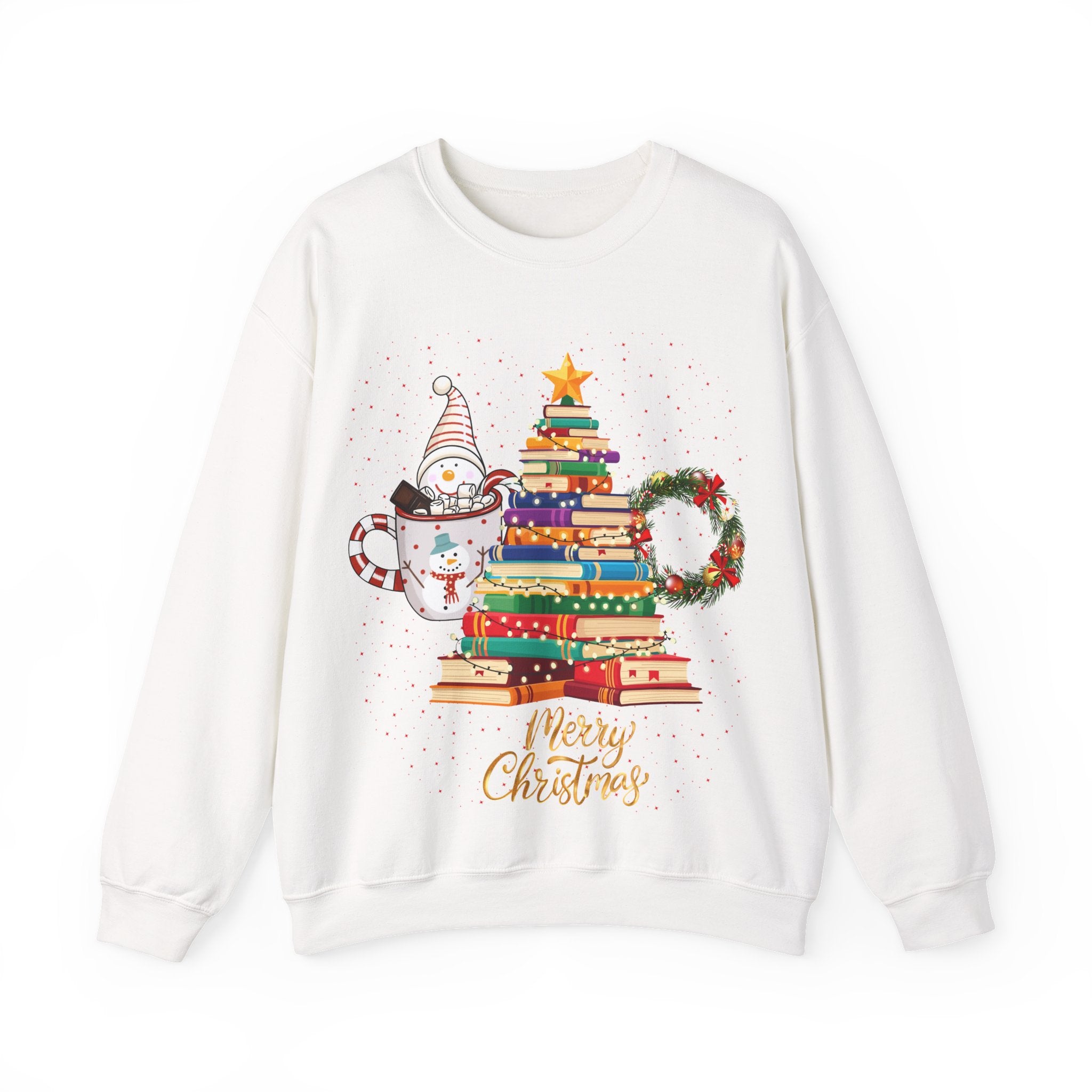 Merry Christmas Book Tree & Cat Crewneck Sweatshirt