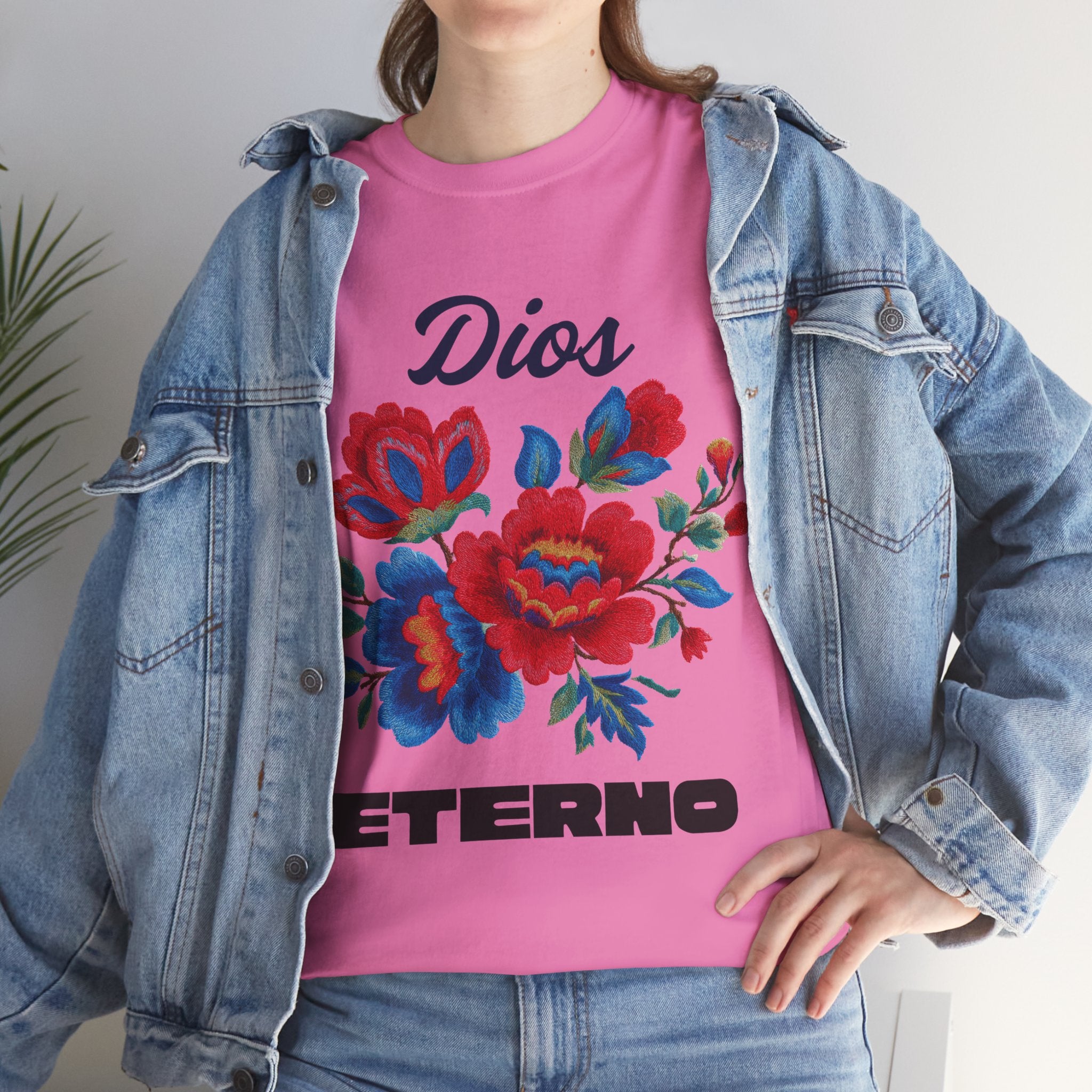 Dios Eterno Floral T-Shirt — Spanish Faith Tee with Red & Blue Blooms